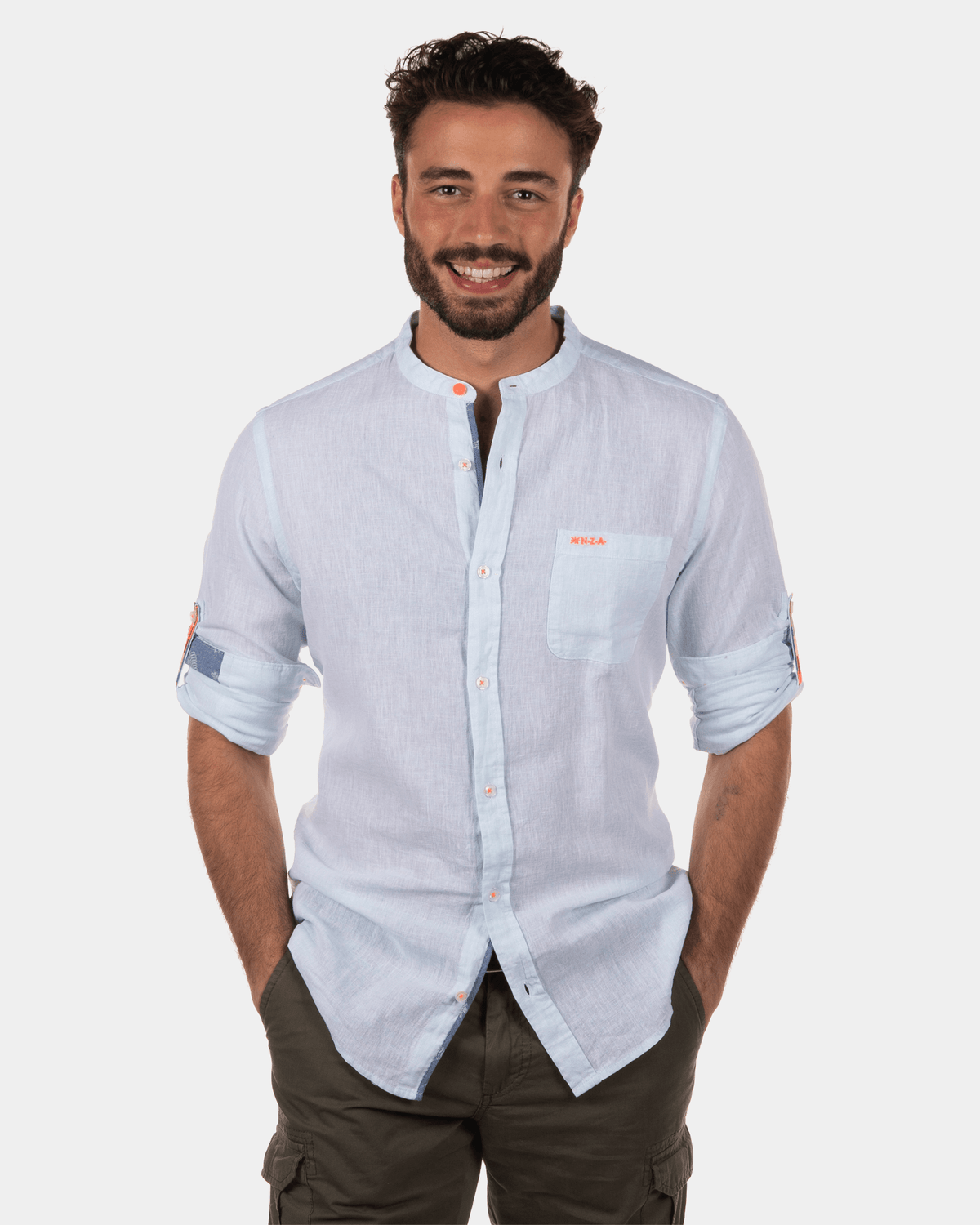 Chemise en lin sans col Hatoananga - Lagune Blue