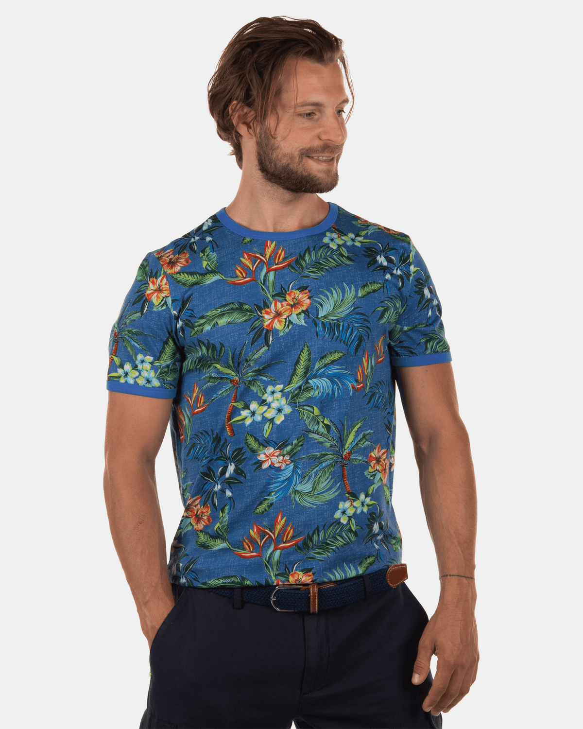 Moumoukai gebloemd katoenen t-shirt - Chinese Blue