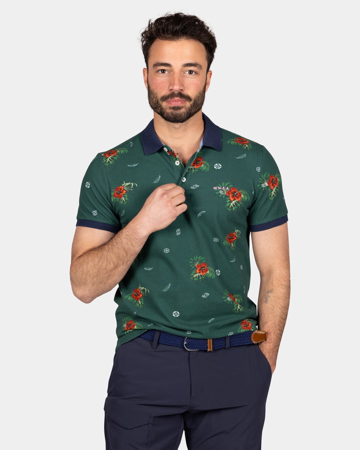 Green polo with red flowers - Classic Green