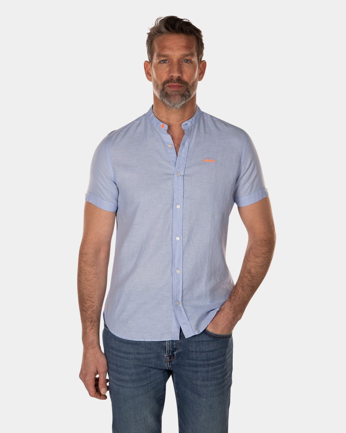 Chemise unie sans col à manches courtes - Light Blue