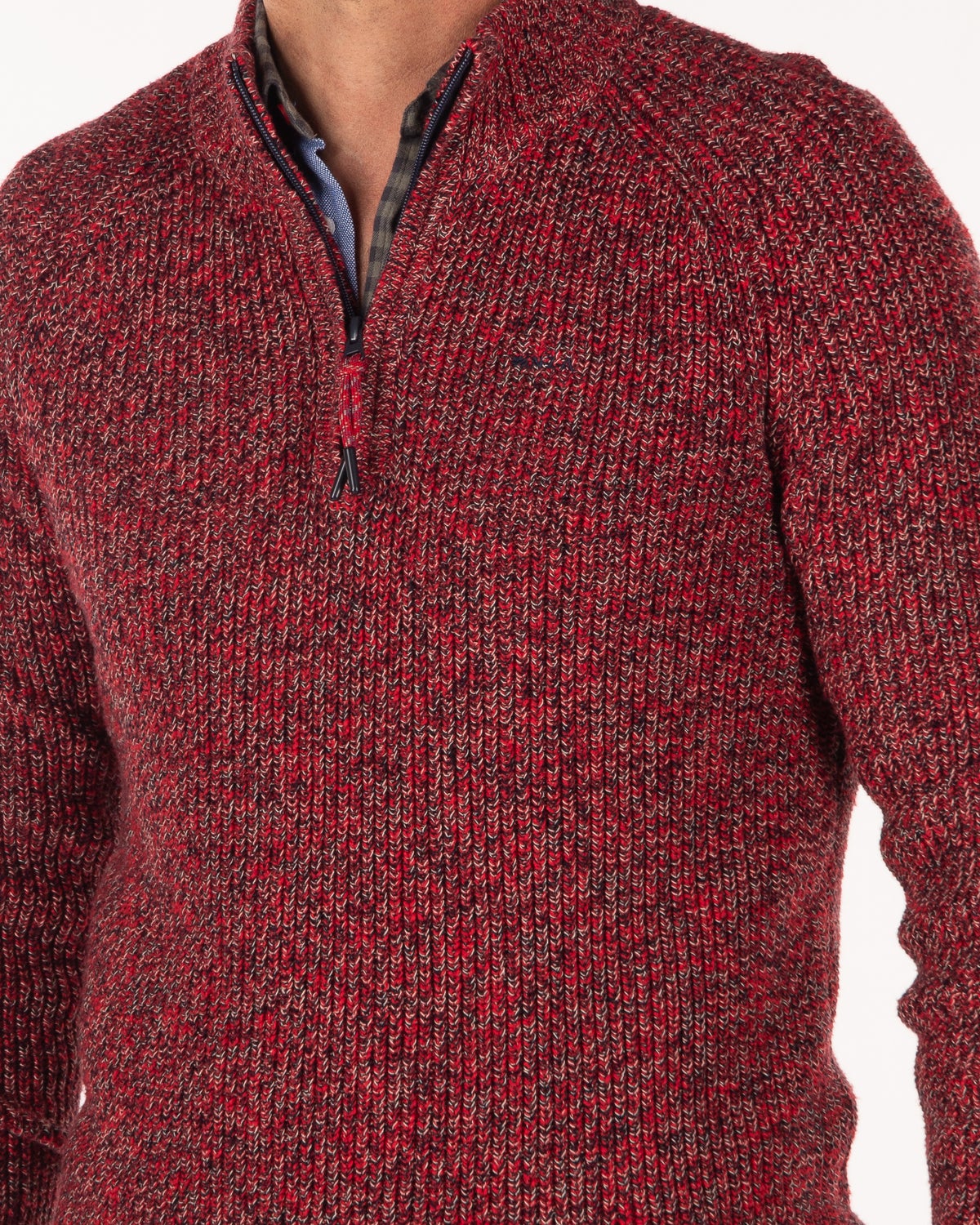 Einfarbiger Baumwollpullover mit halbem Reißverschluss - Carmine red