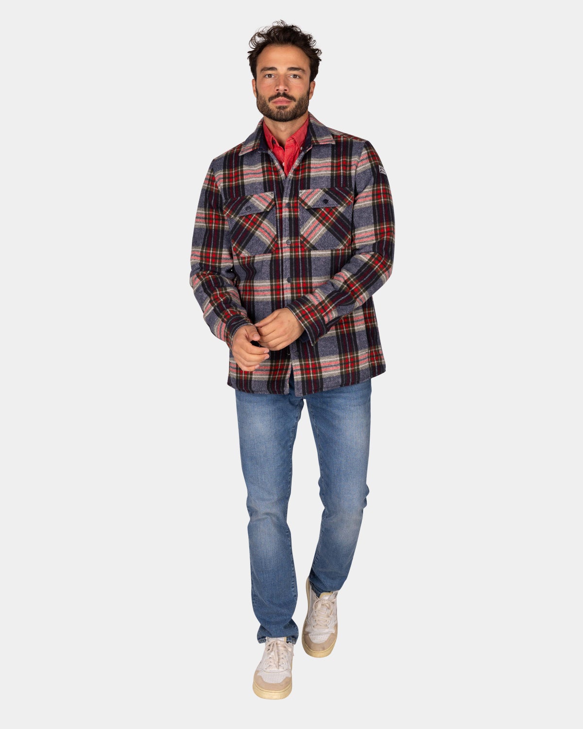 Gray-green-red checkered flannel padded shirt - Winter Navy