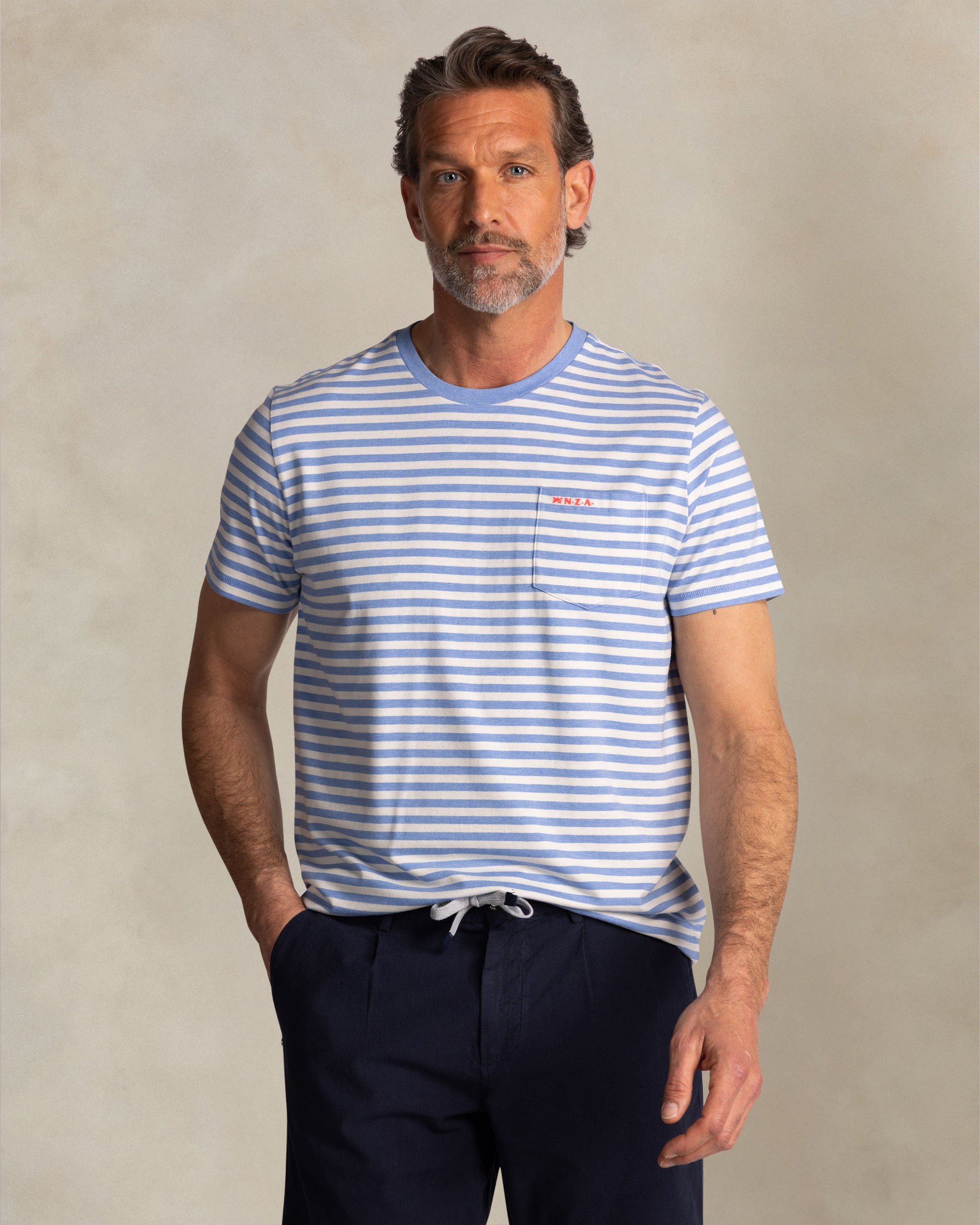 Blue T-shirt with white stripes Blue T-shirt with white stripes