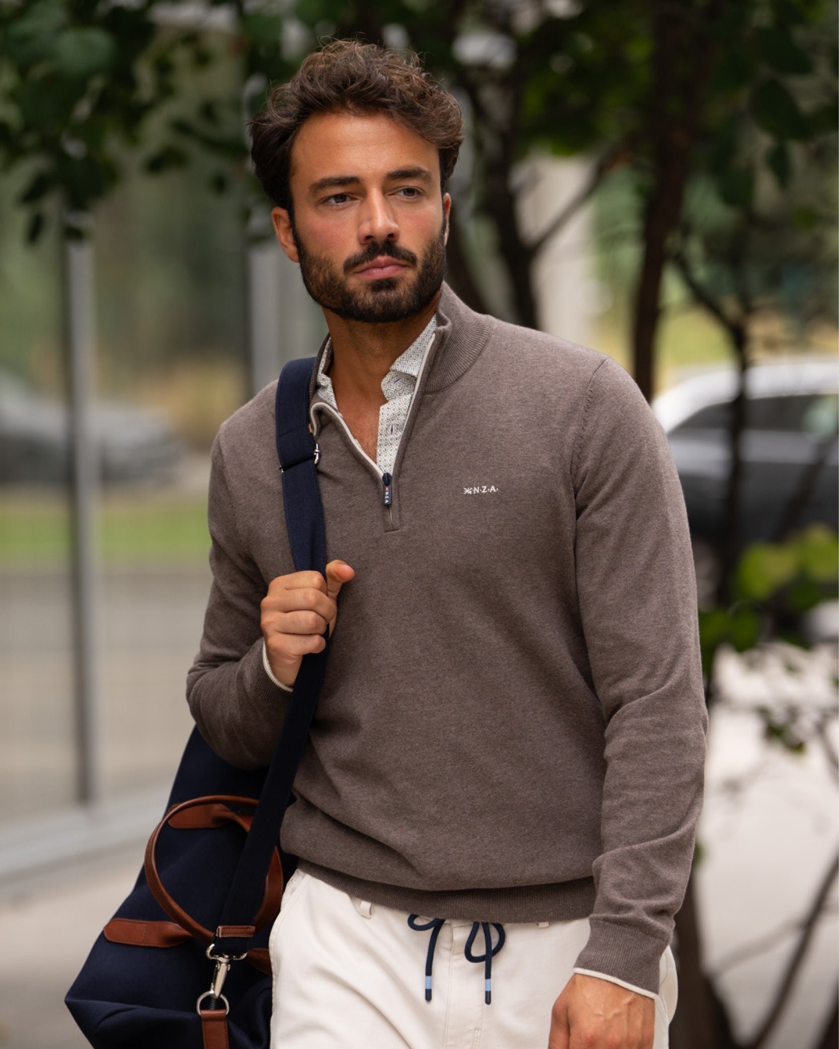 Bruine knitted katoenen quarter-zip trui Bruine knitted katoenen quarter-zip trui