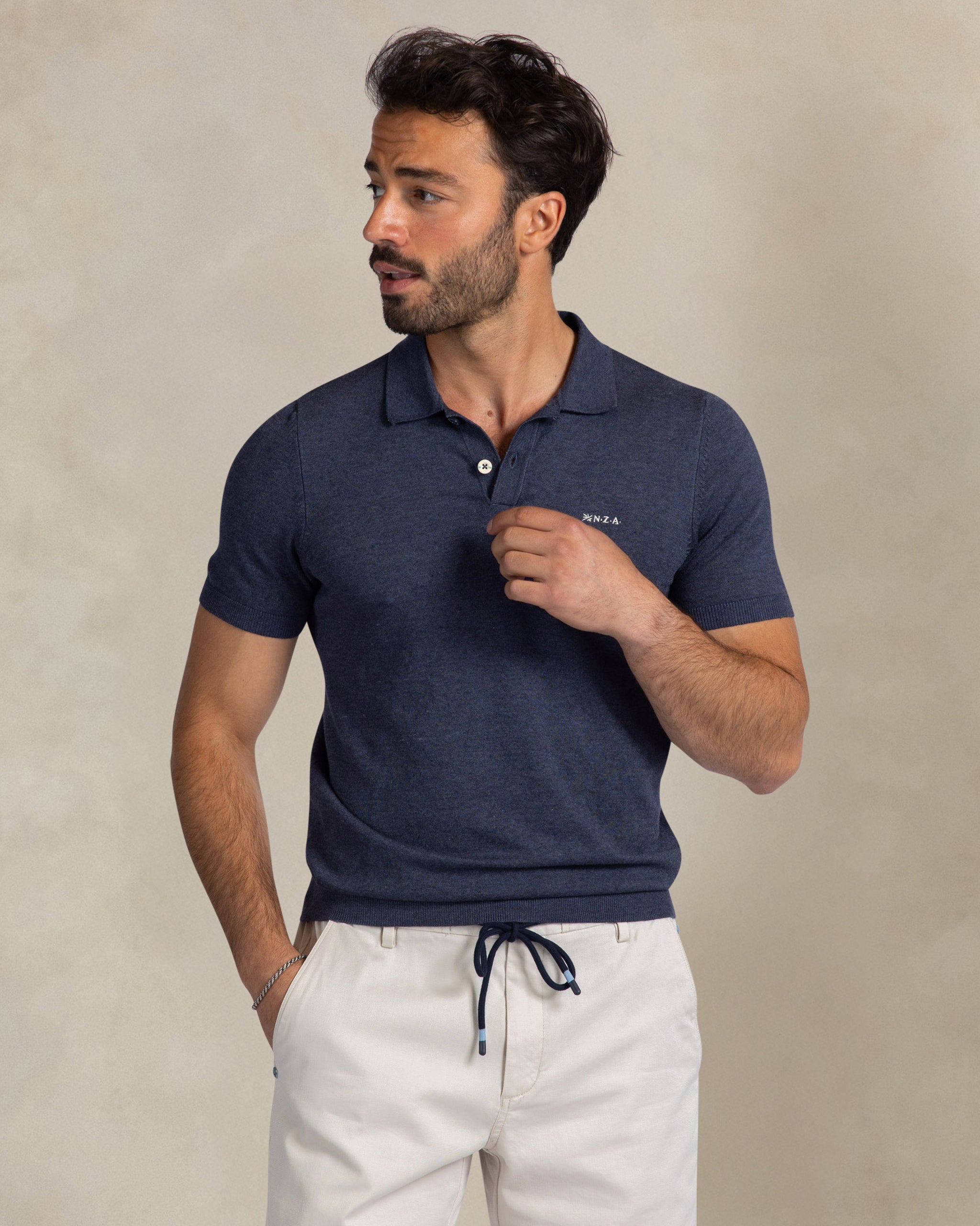 Dark blue knitted stretch polo Dark blue knitted stretch polo