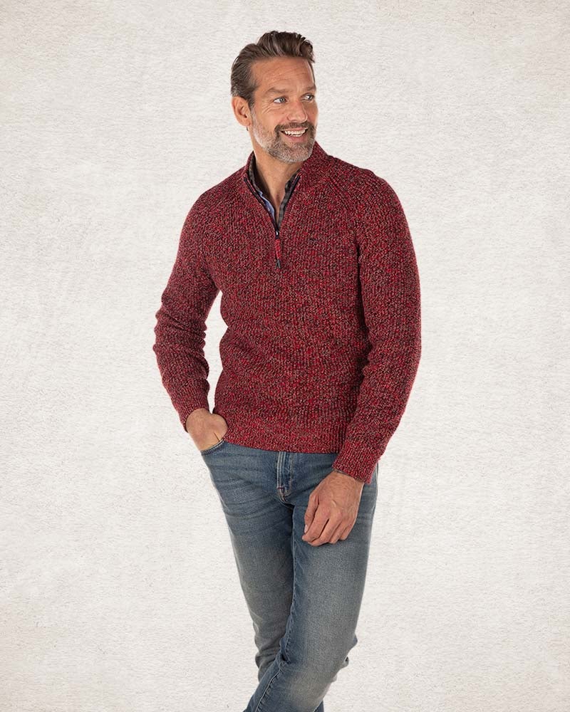 Cotton solid coloured half zip pullover - Carmine red
