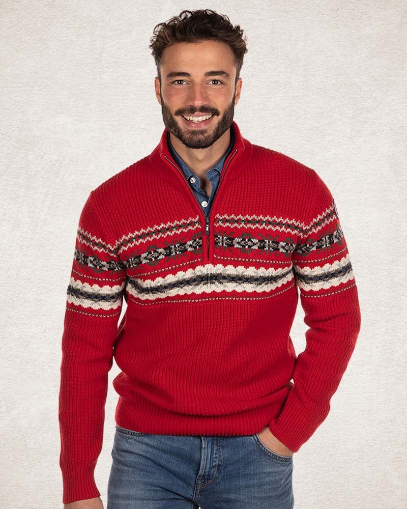 Cotton wool half zip pullover - Carmine red