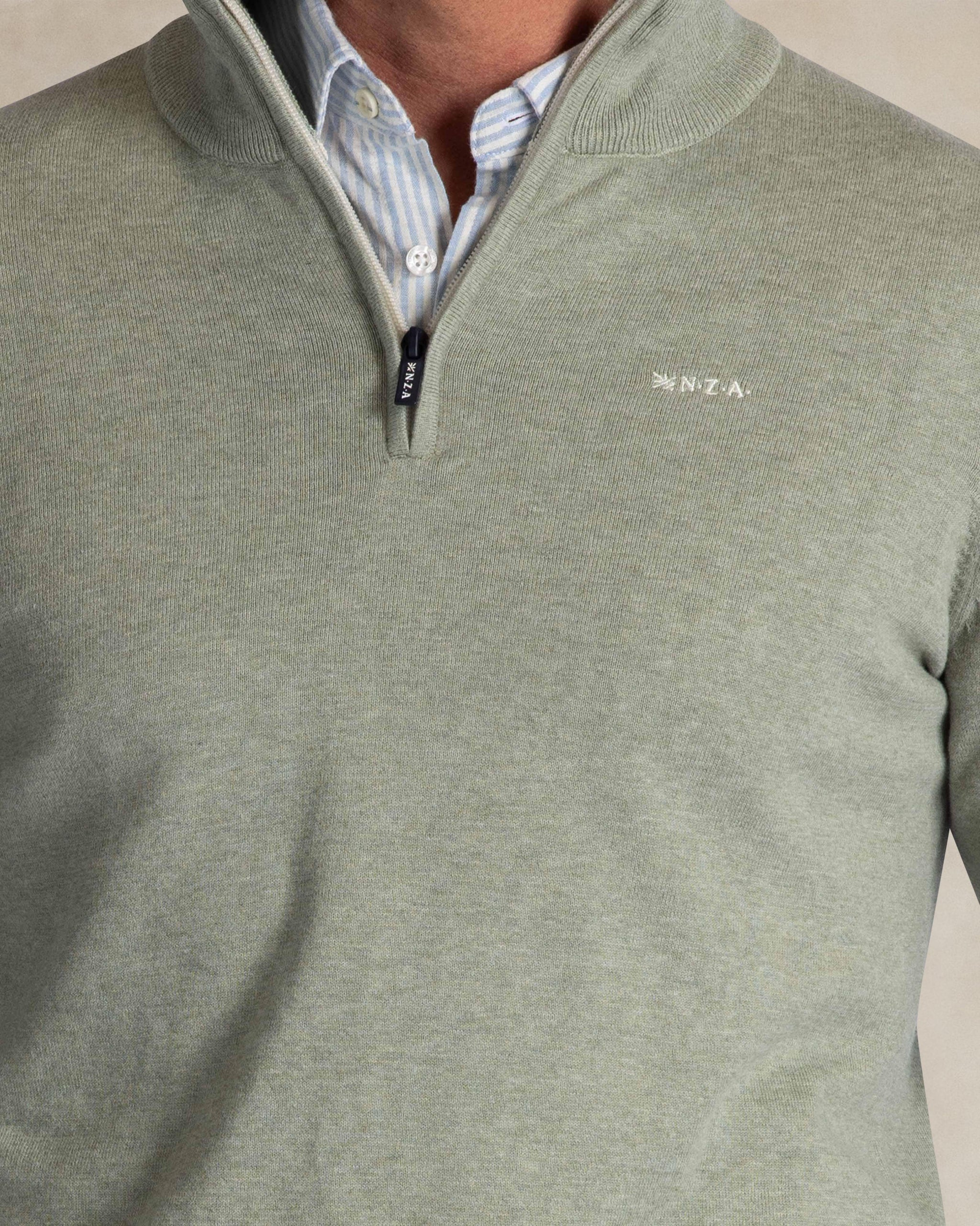 Lichtgroene gebreide katoenen quarter-zip trui Lichtgroene gebreide katoenen quarter-zip trui