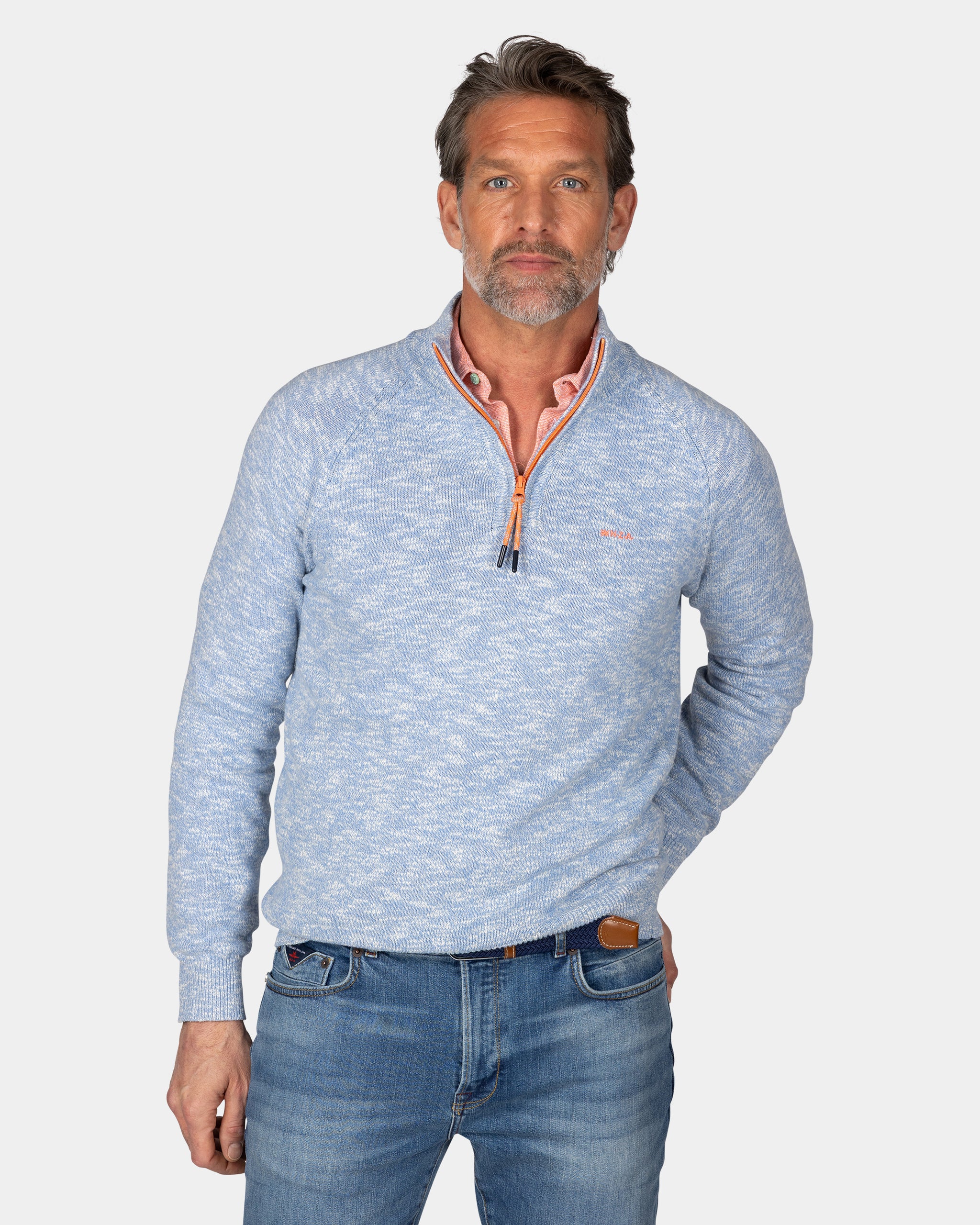 Suéter de algodón azul con cremallera media Suéter de algodón azul con cremallera media