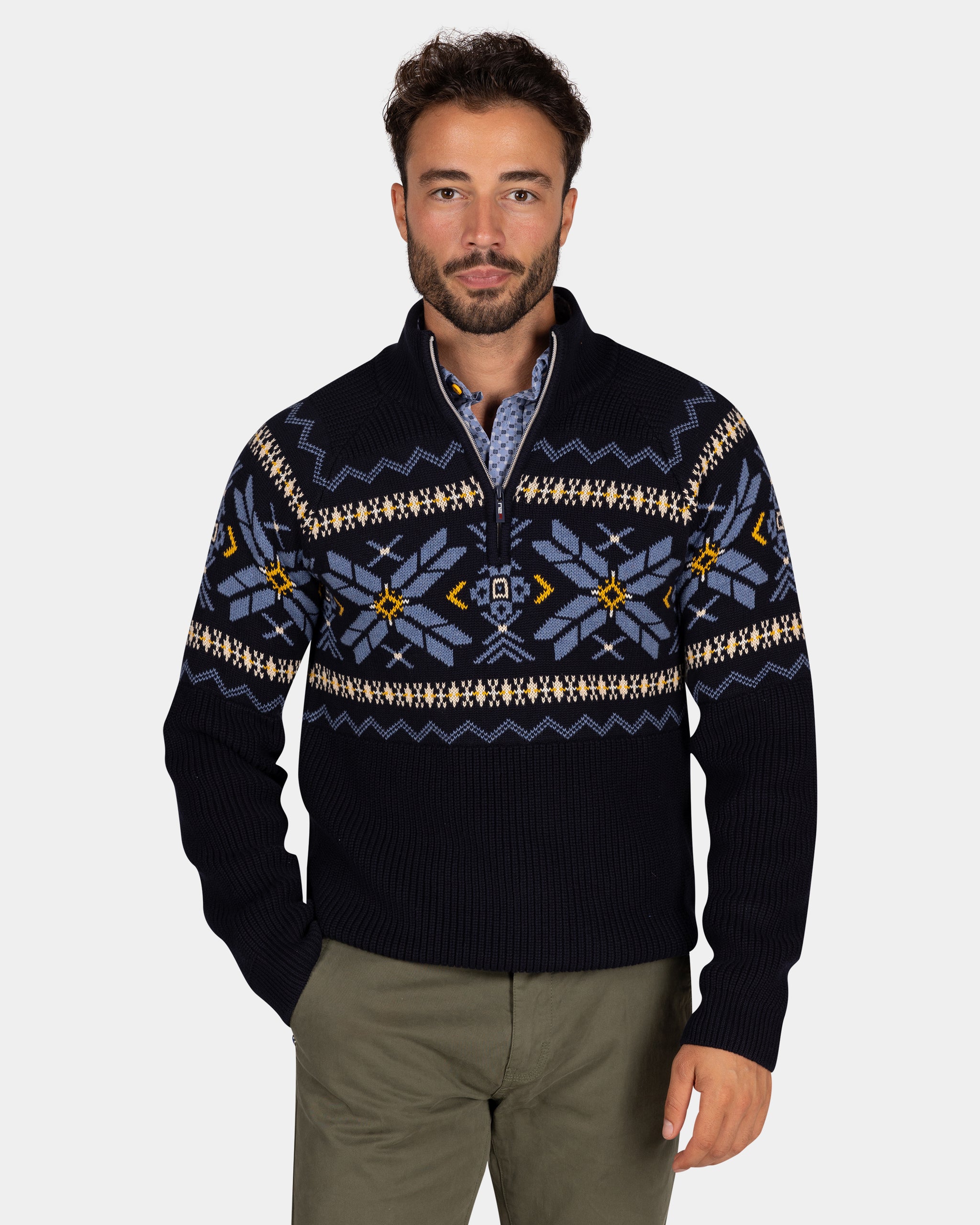 Marineblauer Pullover mit halbem Reißverschluss und buntem Muster - Winter Navy Marineblauer Pullover mit halbem Reißverschluss und buntem Muster - Winter Navy