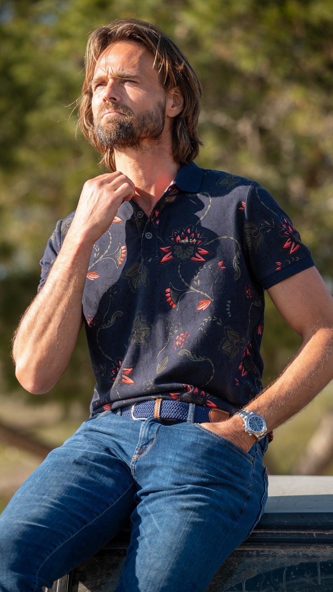 Navy polo with flower print - Traditional Navy Navy polo with flower print - Traditional Navy