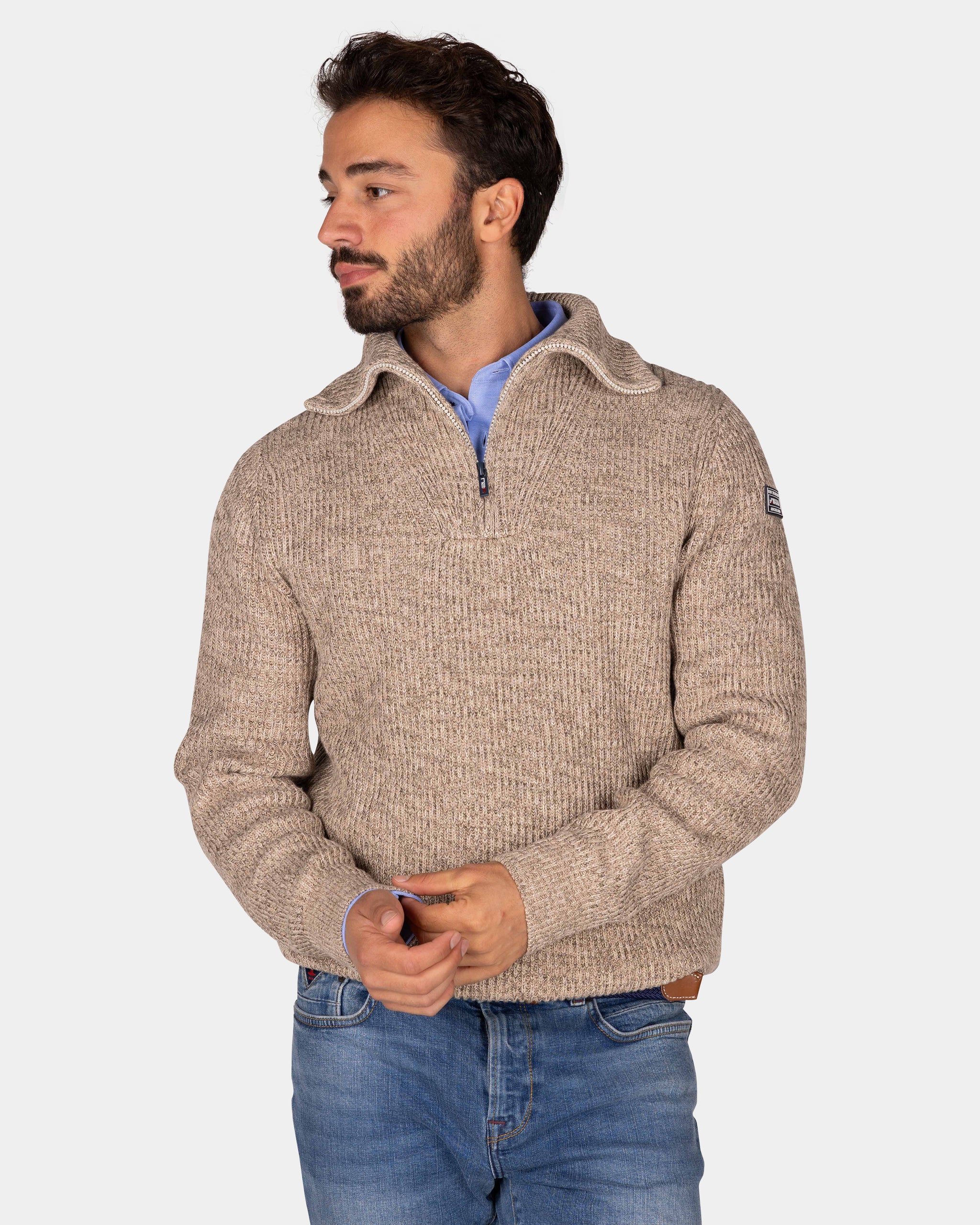 Cotton brown knitted half-zip sweater - Chestnut Cotton brown knitted half-zip sweater - Chestnut