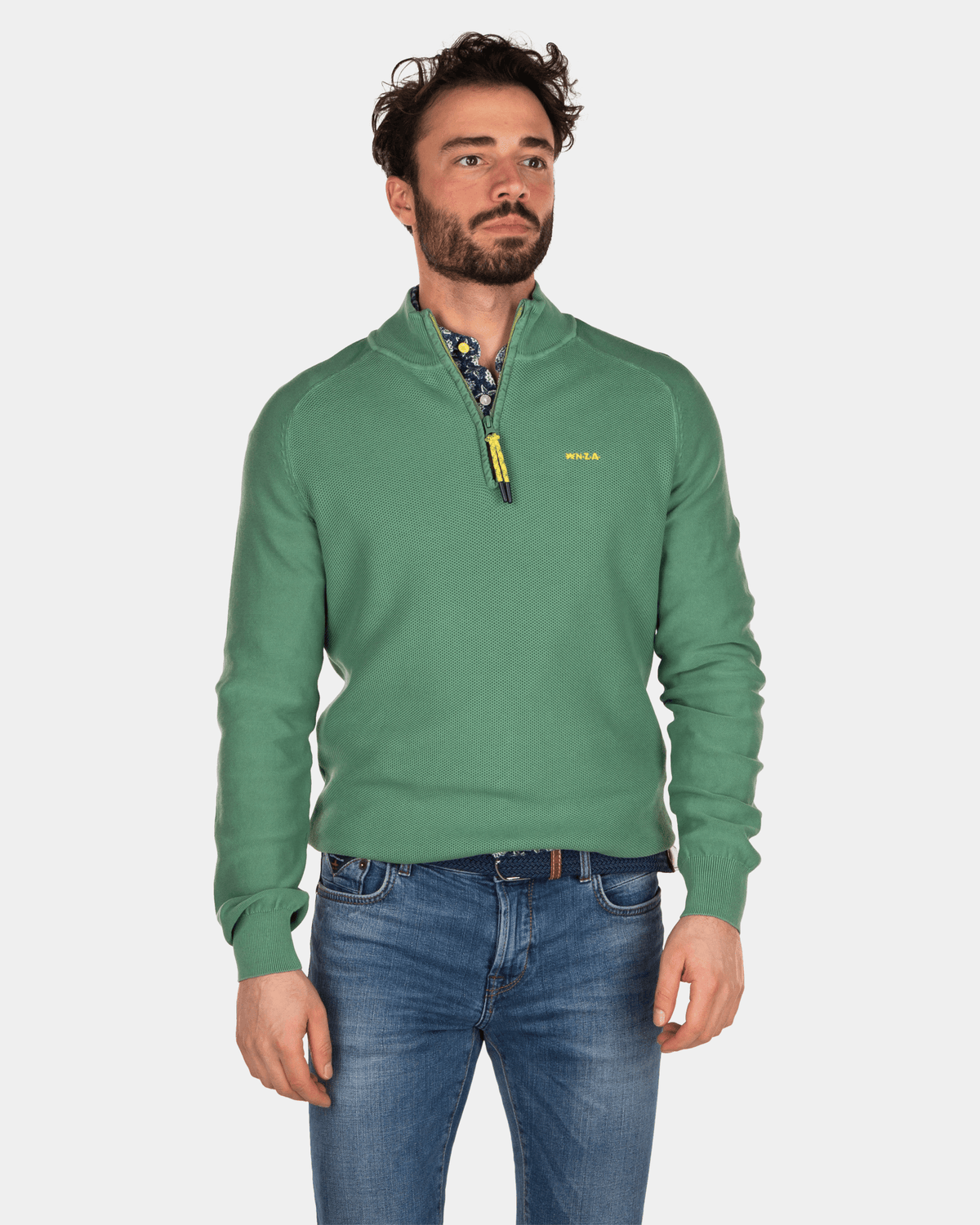 Einfarbiger Pullover mit halbem Reißverschluss aus Baumwolle - Active Army