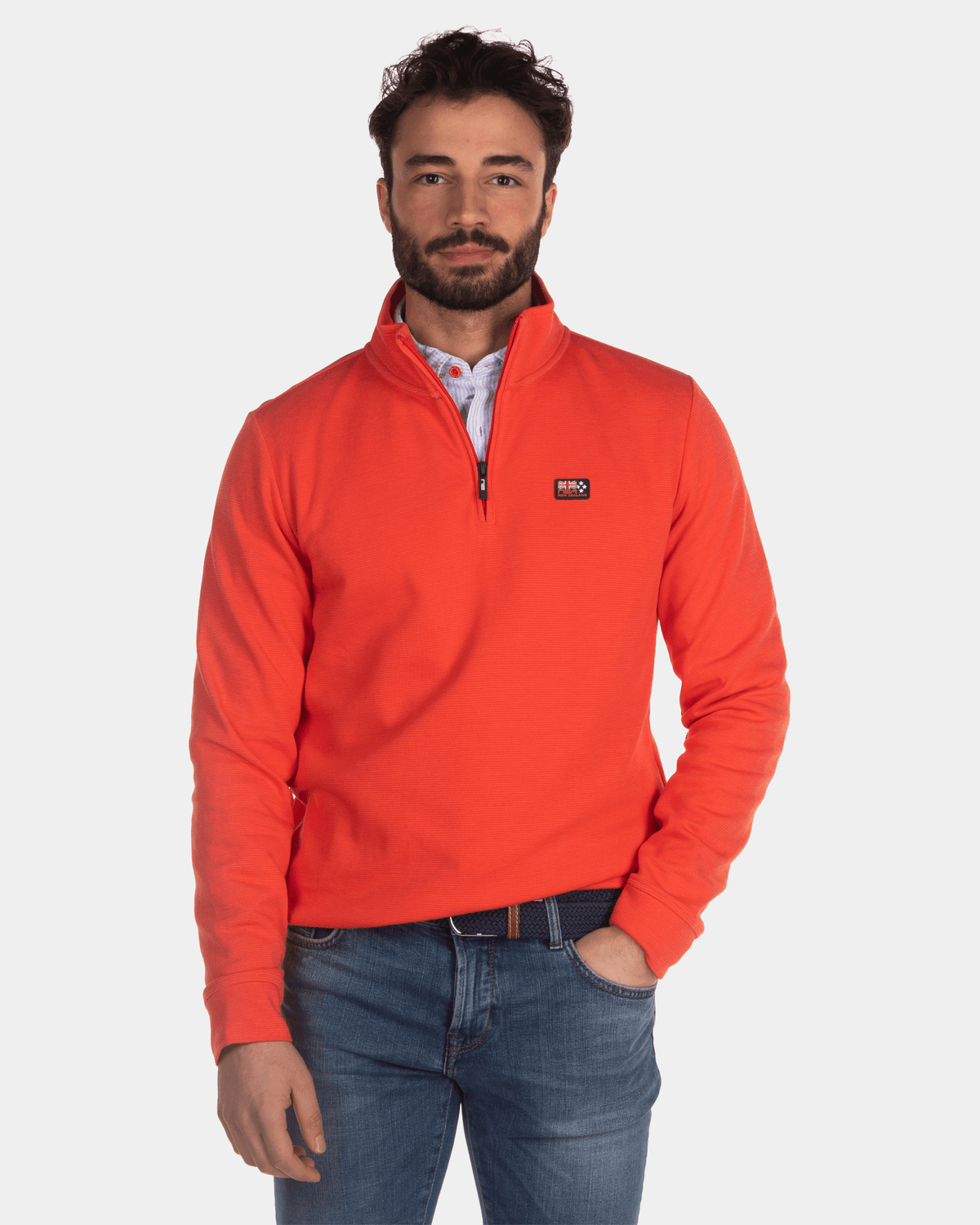 Einfarbiger Sweatshirt mit halbem Reißverschluss - Orange Red
