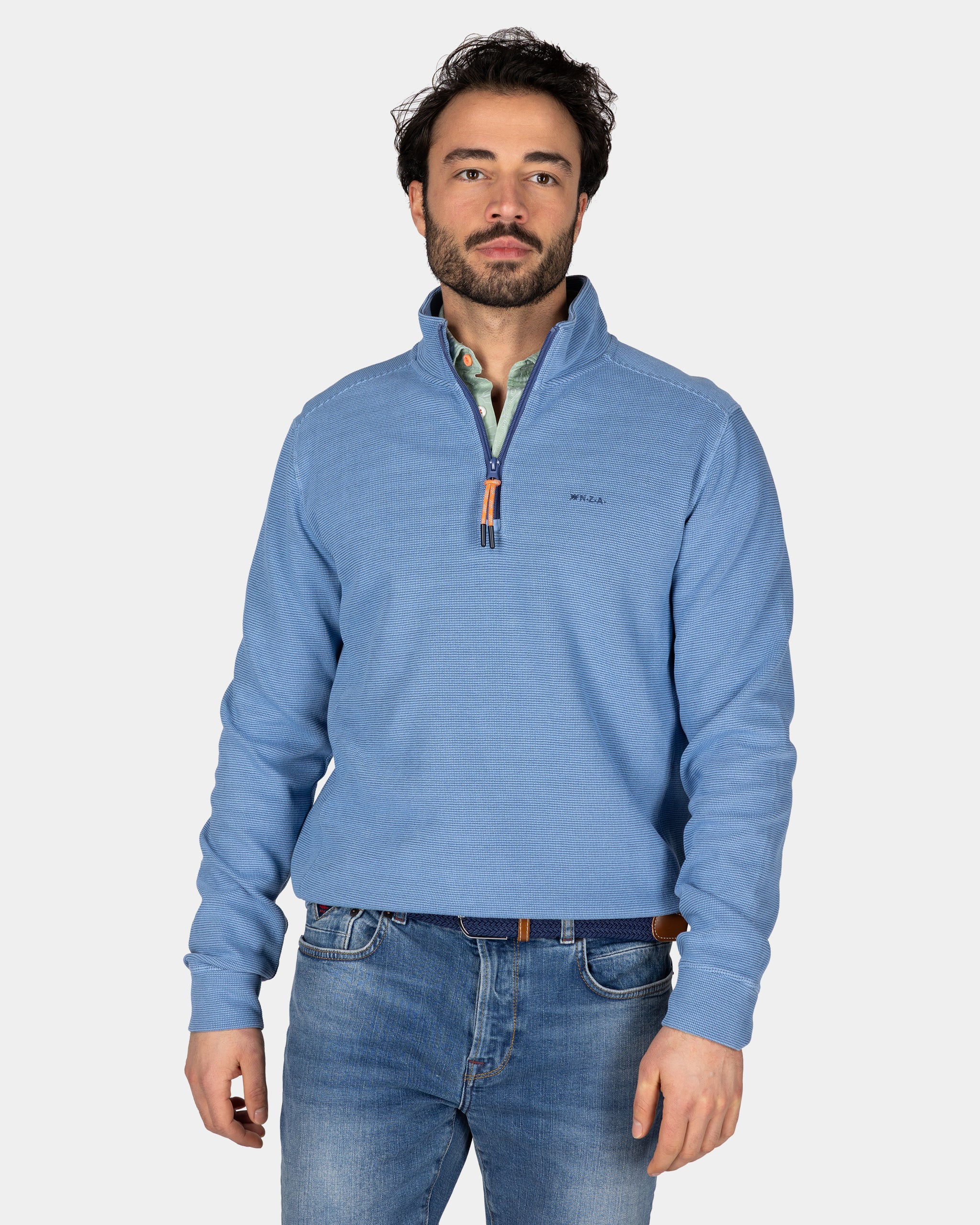Cotton blue pullover with half zipper Cotton blue pullover with half zipper