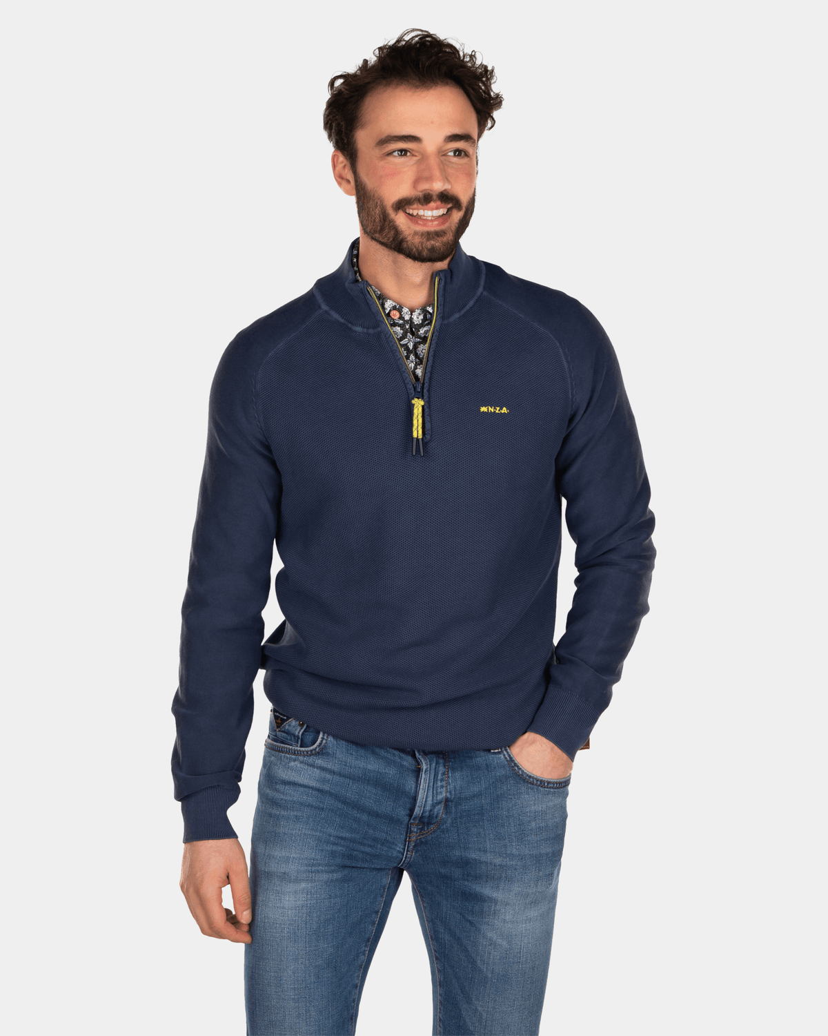 Einfarbiger Pullover mit halbem Reißverschluss aus Baumwolle - Key Navy