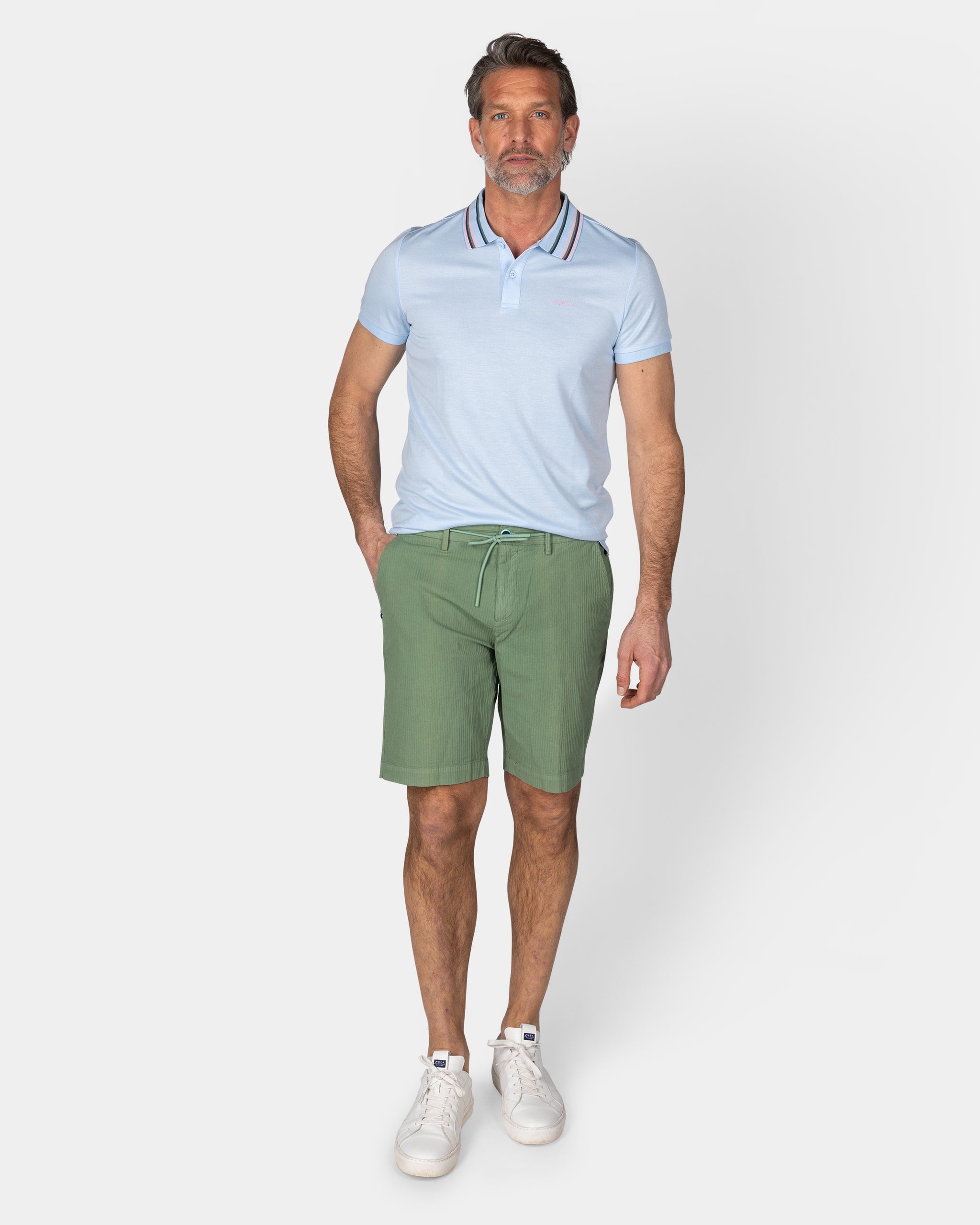 Pastelblauwe polo met gestreepte kraag Pastelblauwe polo met gestreepte kraag