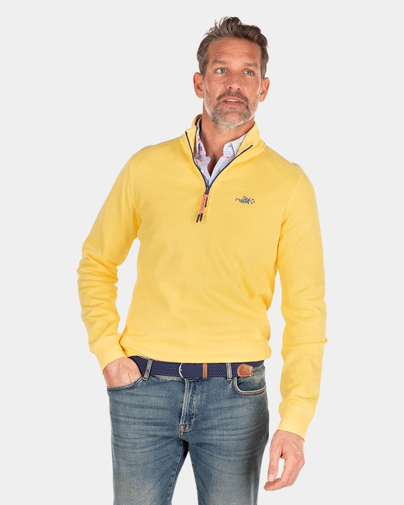 Plain cotton half zip sweater - Iguana yellow
