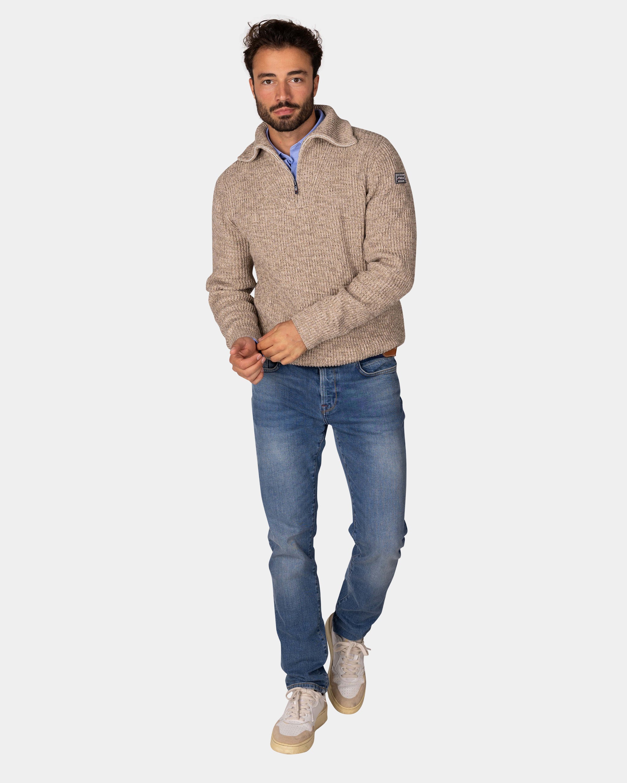 Cotton brown knitted half-zip sweater - Chestnut Cotton brown knitted half-zip sweater - Chestnut