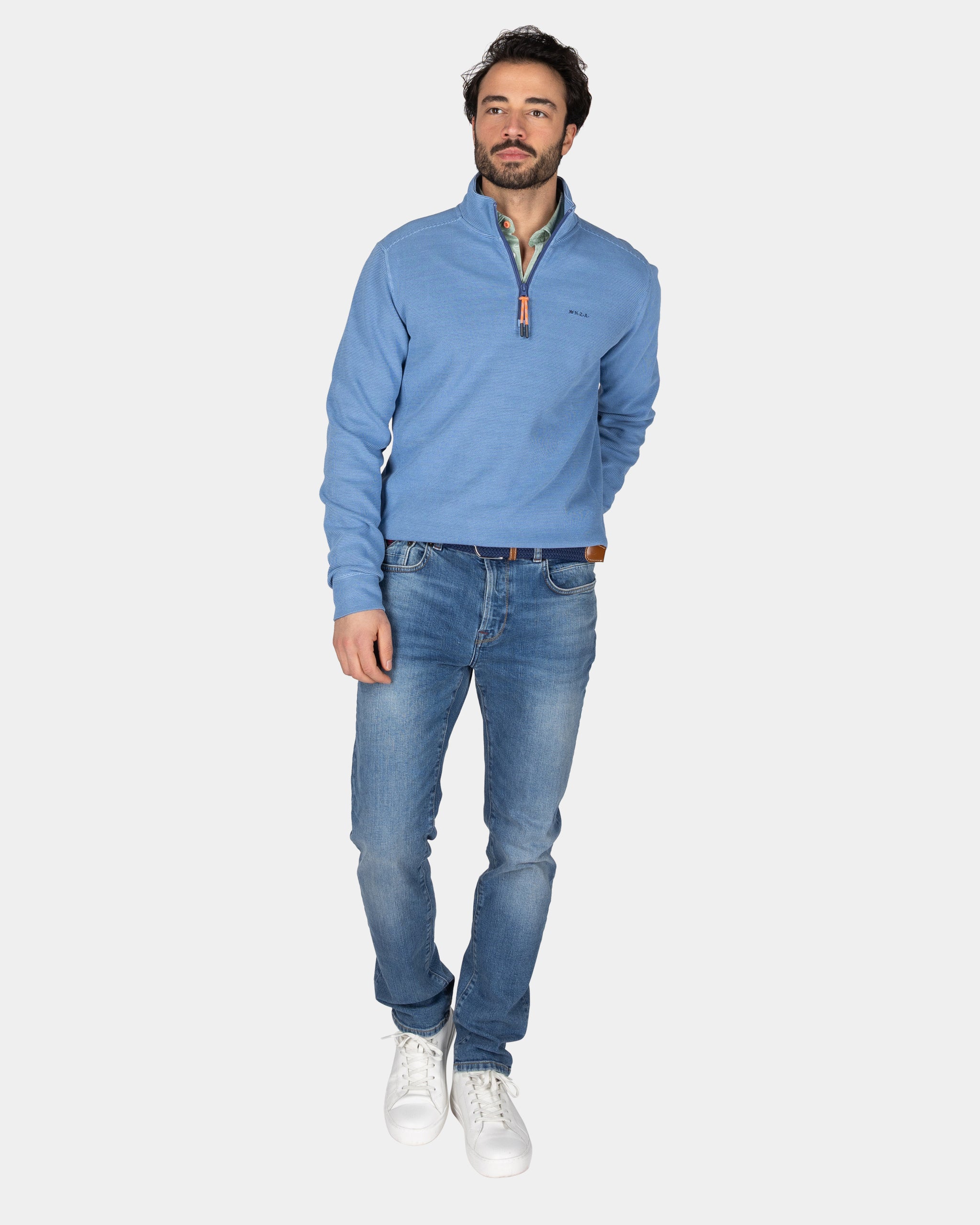 Katoenen blauw pullover met halve rits Katoenen blauw pullover met halve rits