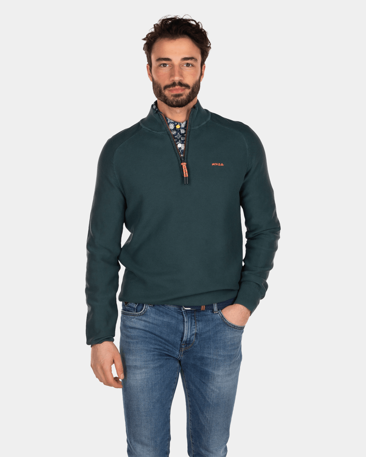Einfarbiger Pullover mit halbem Reißverschluss aus Baumwolle - Dark Pine
