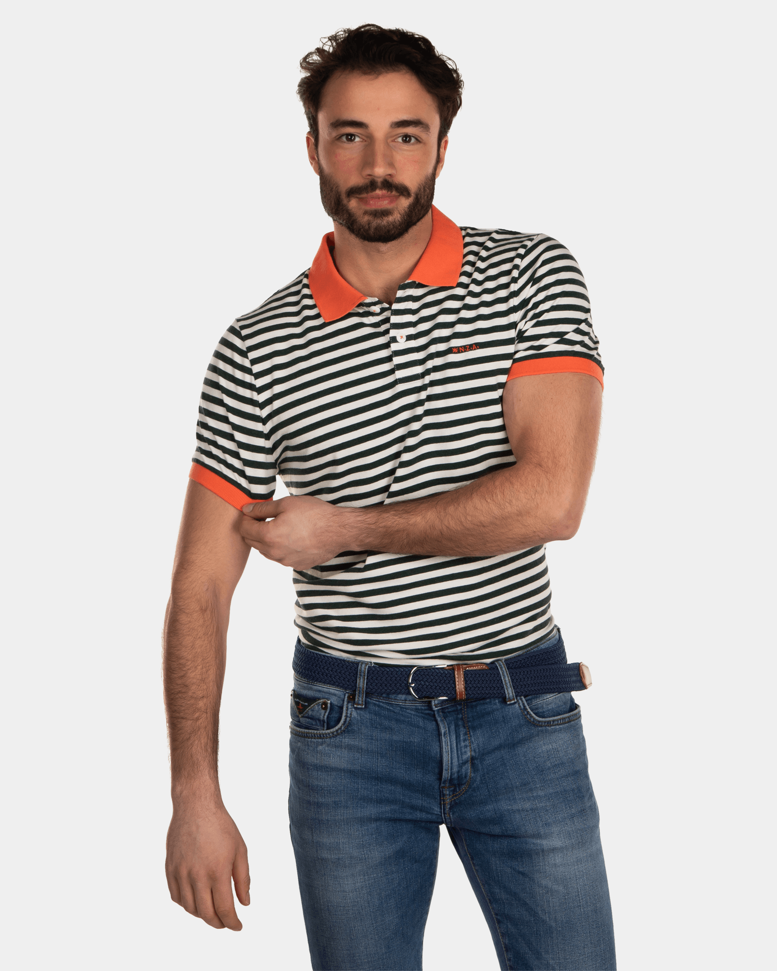 Striped Cotton Polo Shirt - Dark Pine. Striped Cotton Polo Shirt - Dark Pine.
