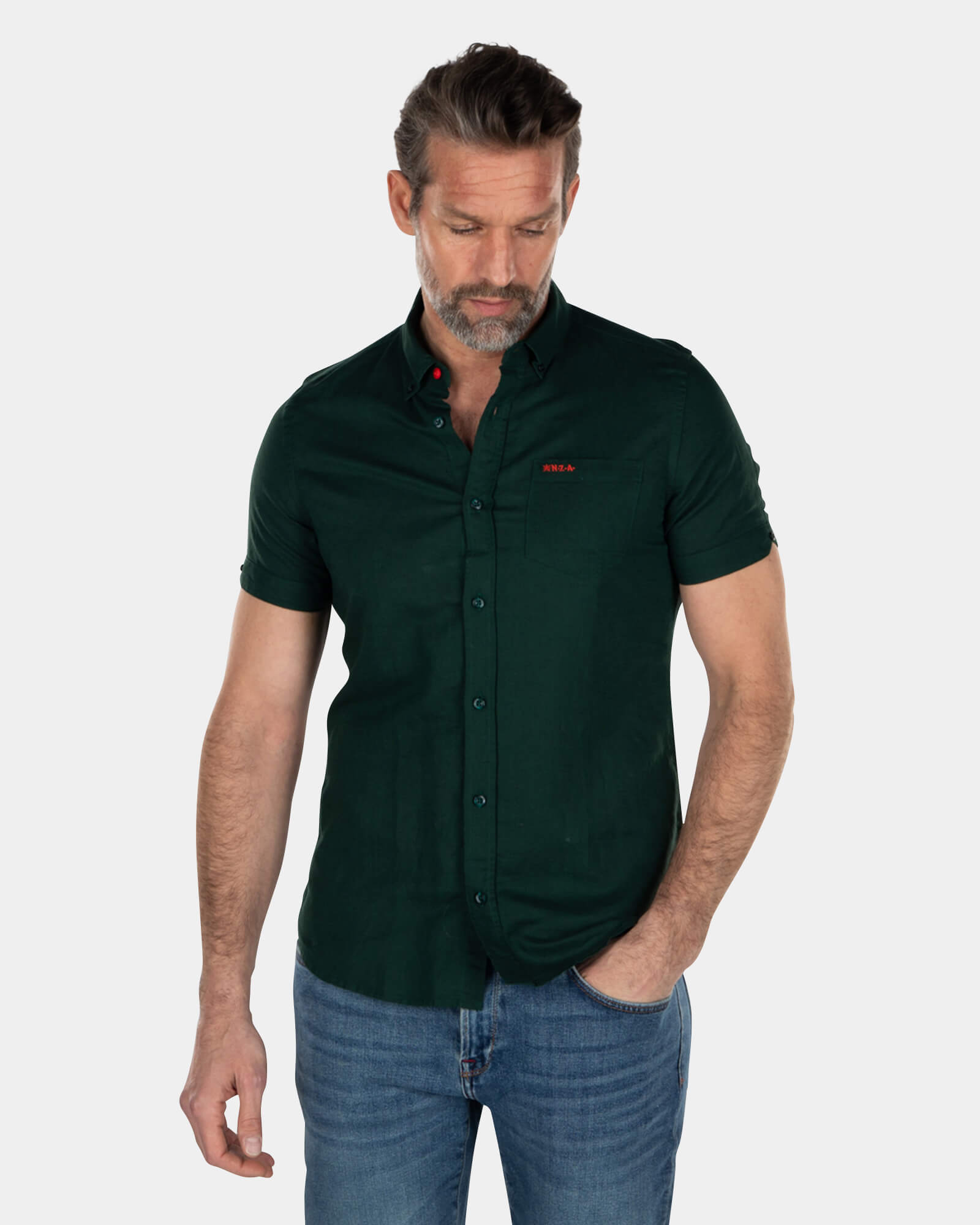Solid coloured linen shirt short sleeves - Dark Pine Solid coloured linen shirt short sleeves - Dark Pine