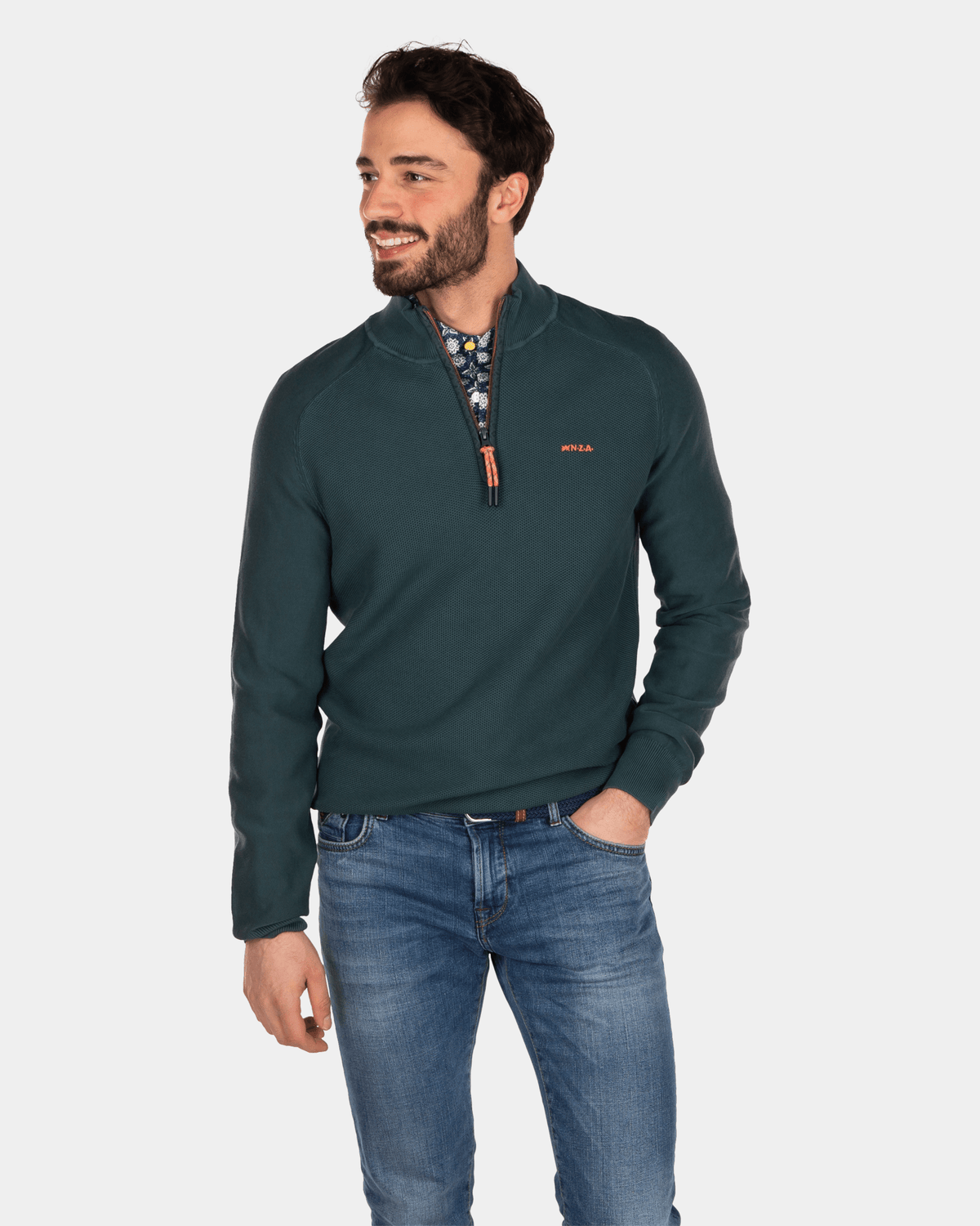 Einfarbiger Pullover mit halbem Reißverschluss aus Baumwolle - Dark Pine