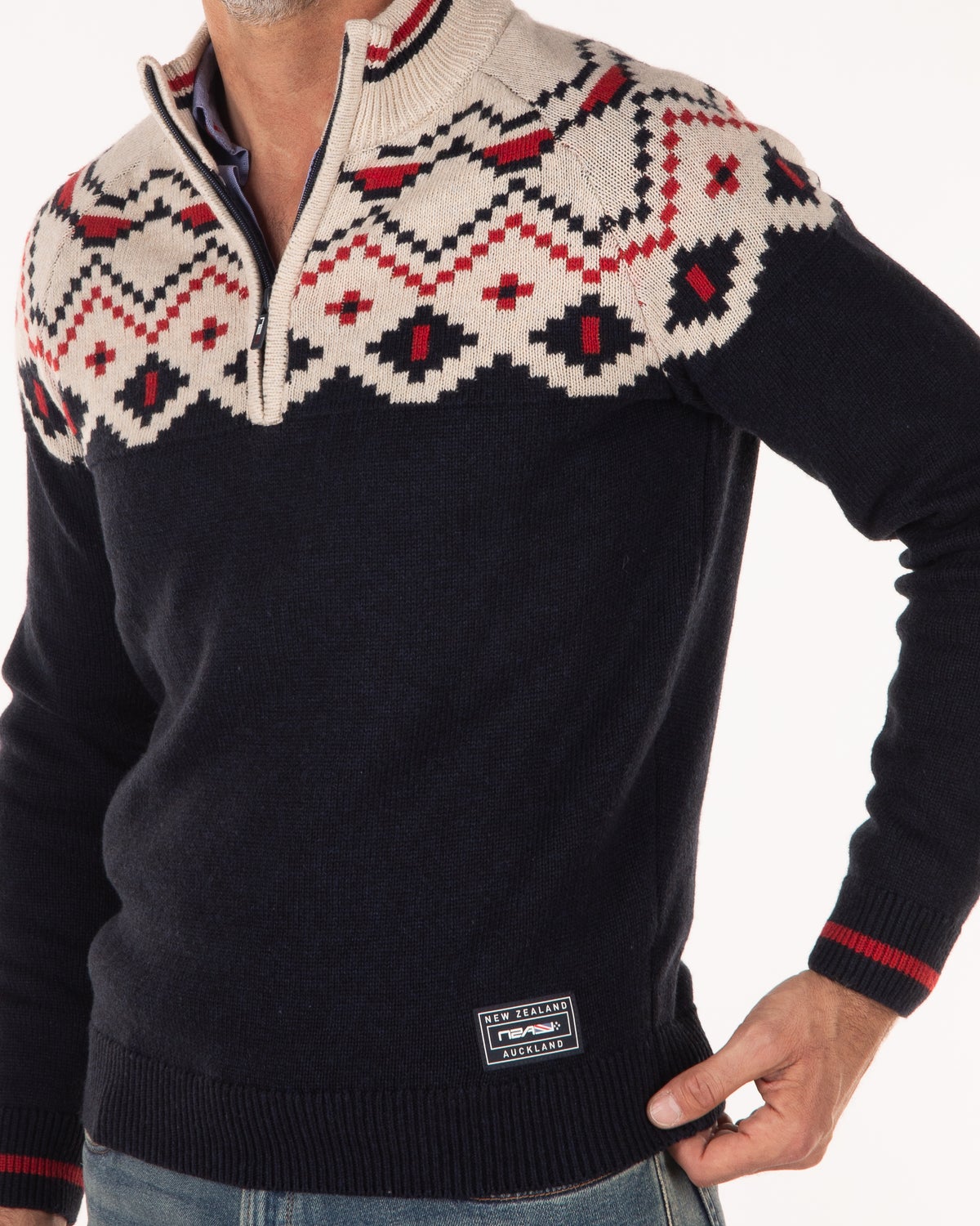 Knitted half zip pullover with pattern - Pitch Navy