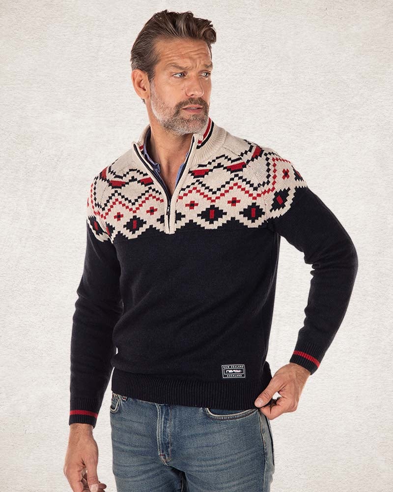 Knitted half zip pullover with pattern - Pitch Navy