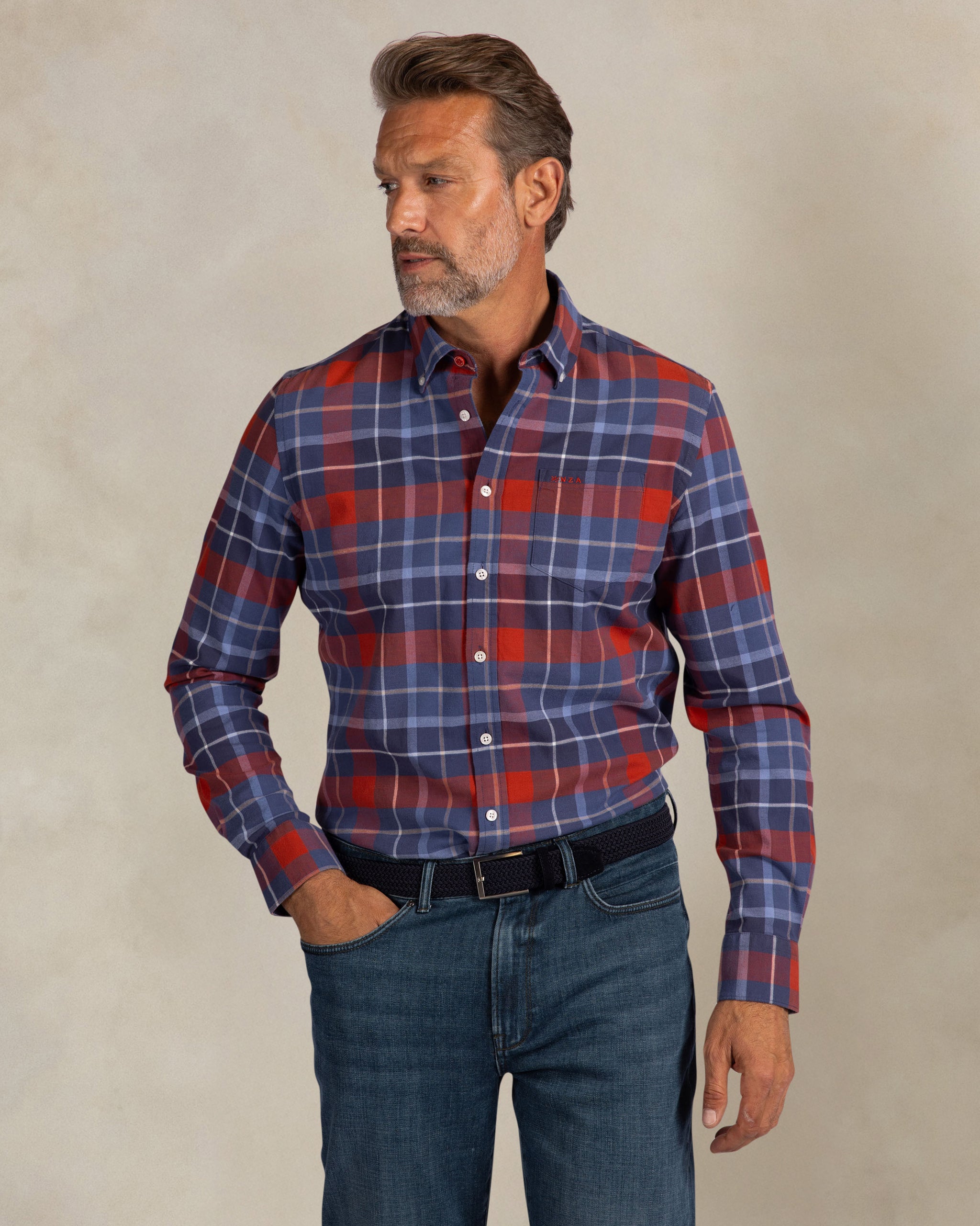 Chemise en flanelle extensible à carreaux bleus Chemise en flanelle extensible à carreaux bleus