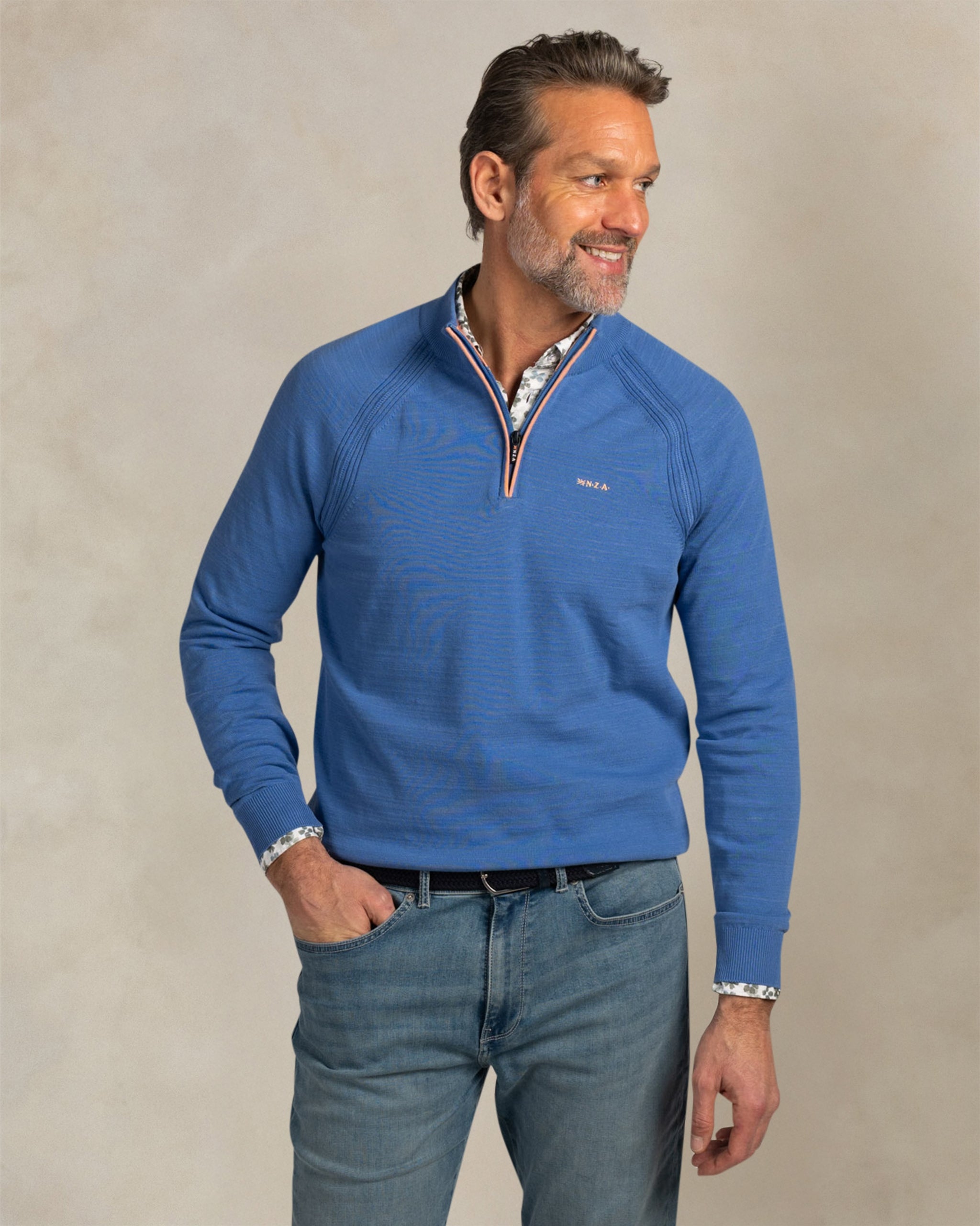 Blauwe katoenen quarter zip trui Blauwe katoenen quarter zip trui