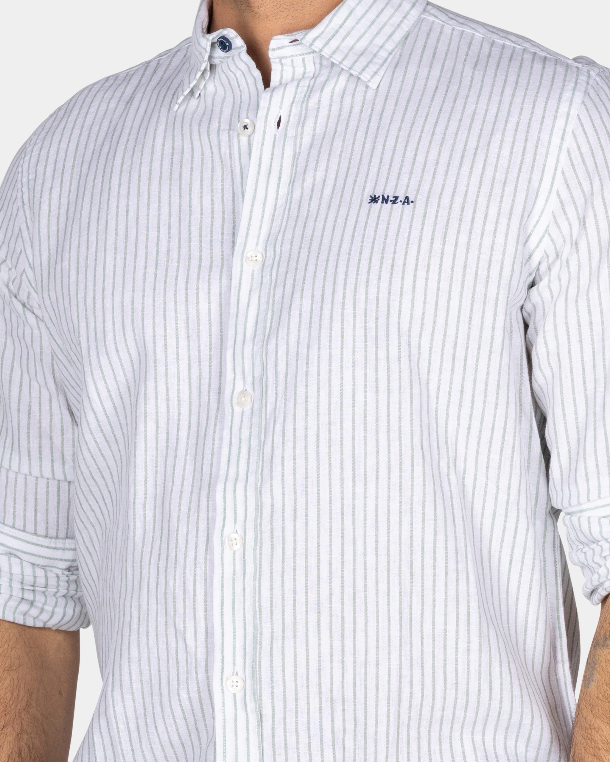 White Linen Shirt with Light Green Stripe White Linen Shirt with Light Green Stripe