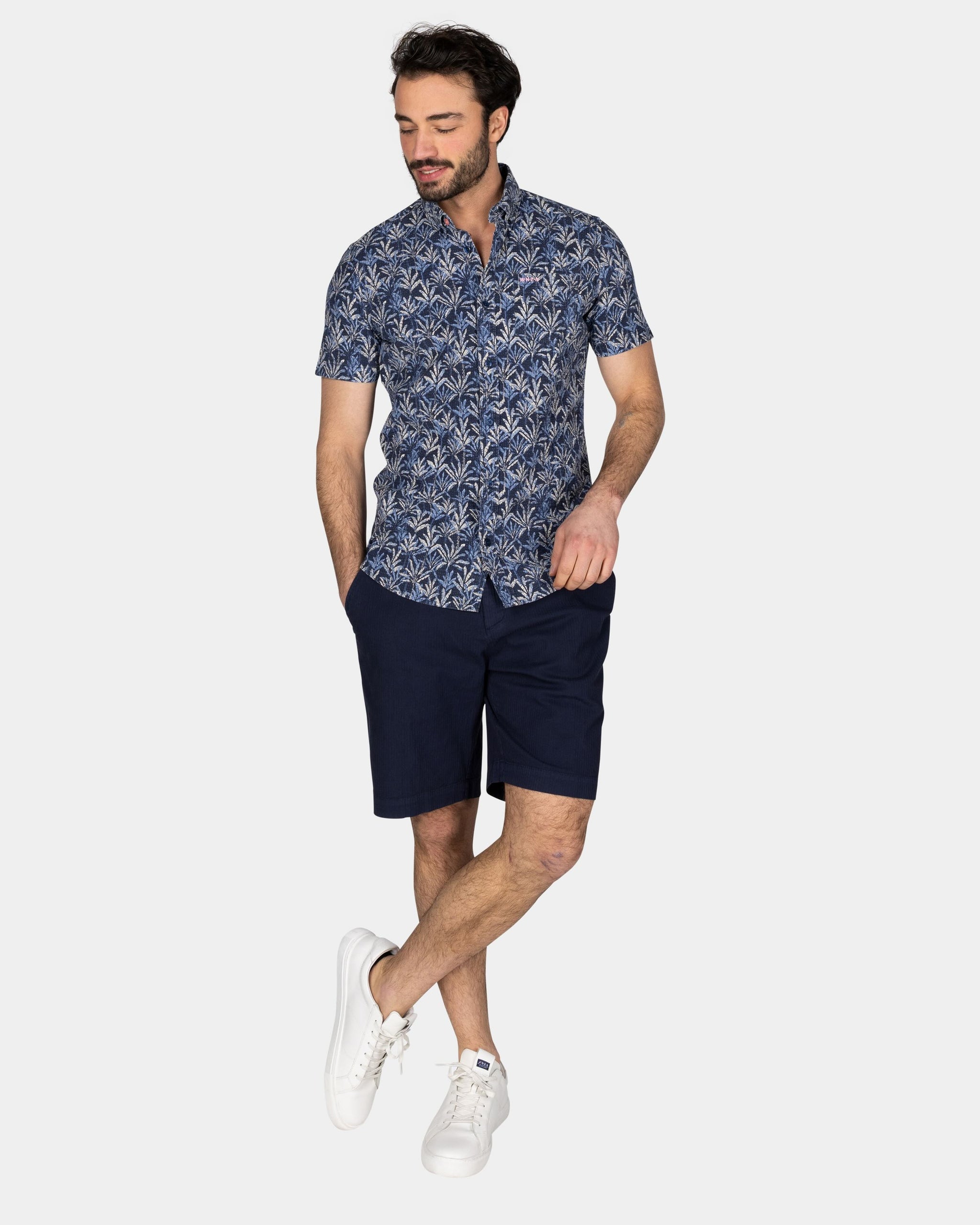 Dark Blue Shirt with Floral Print and Short Sleeves Dark Blue Shirt with Floral Print and Short Sleeves