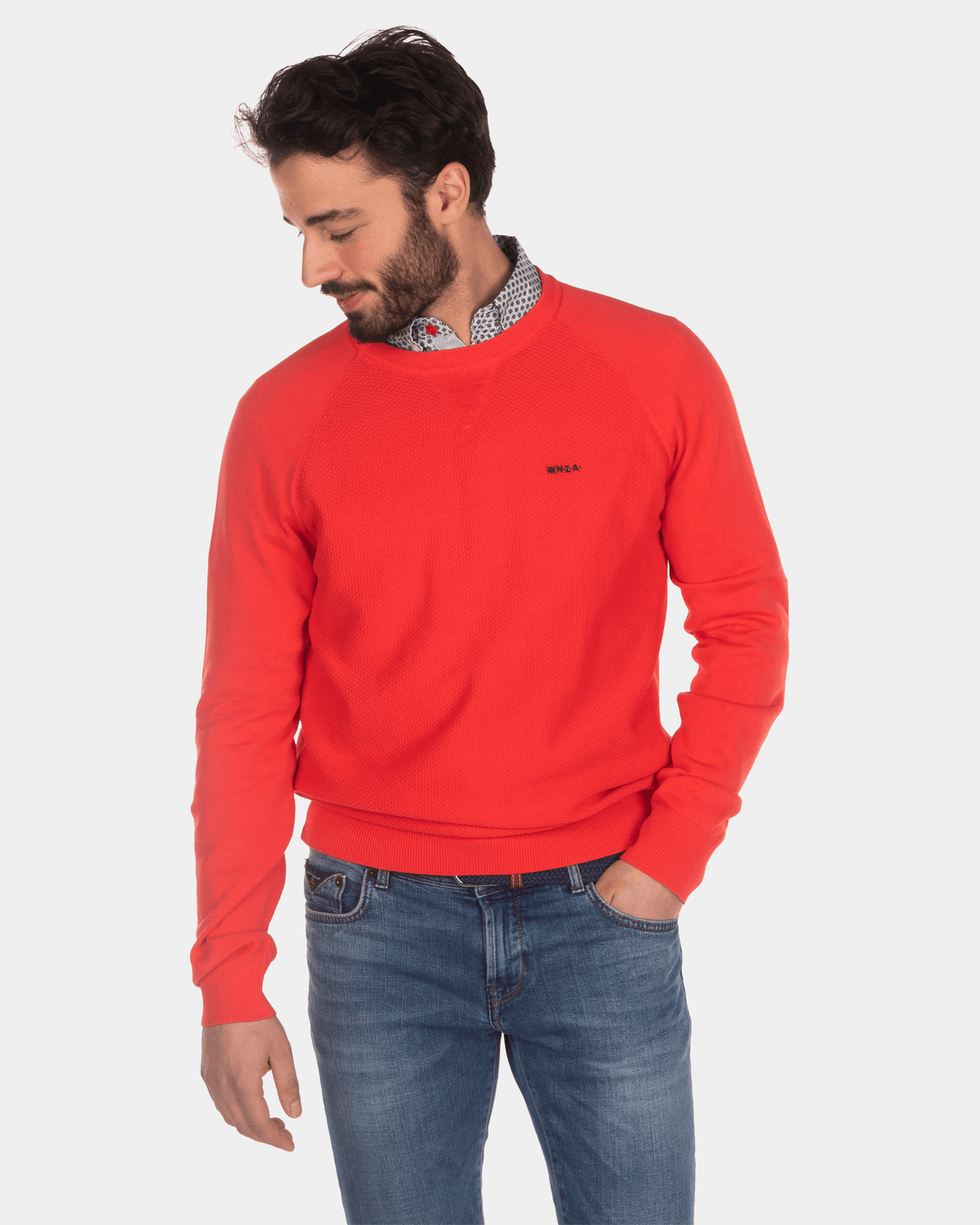 Einfarbiger Baumwollpullover mit Rundhalsausschnitt - Orange Red