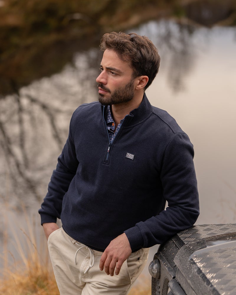 Bleu pull en coton à demi-zip Bleu pull en coton à demi-zip