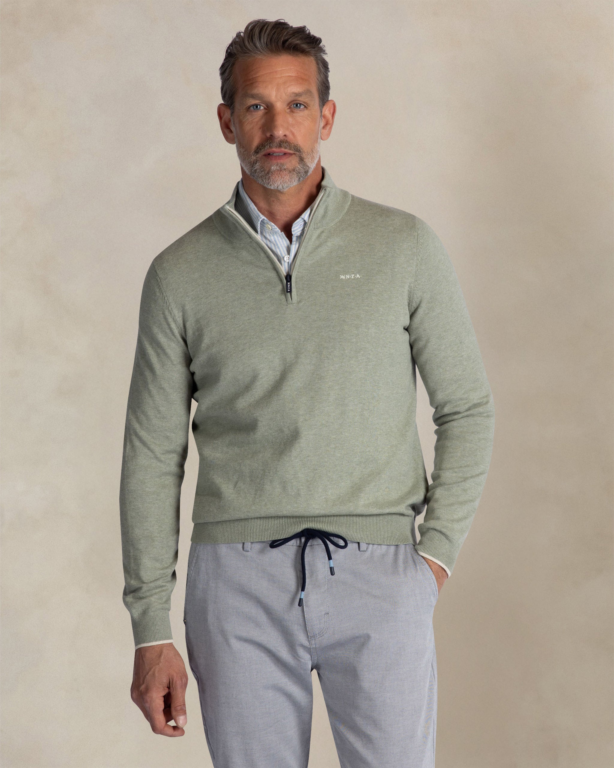 Lichtgroene gebreide katoenen quarter-zip trui Lichtgroene gebreide katoenen quarter-zip trui