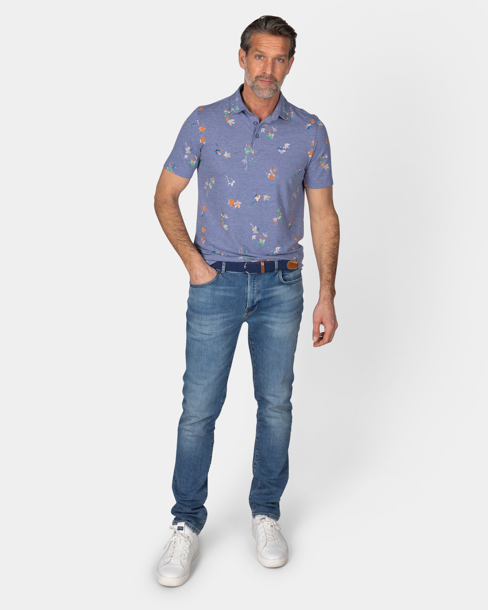 Navy poloshirt met bladprint Navy poloshirt met bladprint