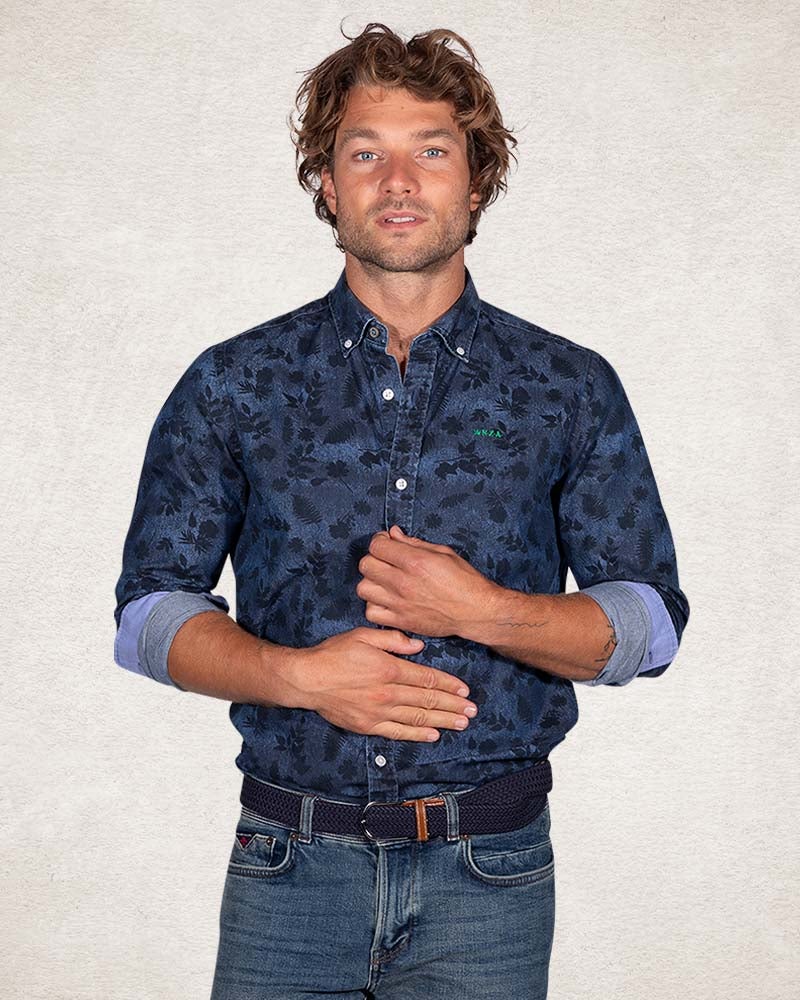 Navy cotton shirt with print - Pitch Navy
