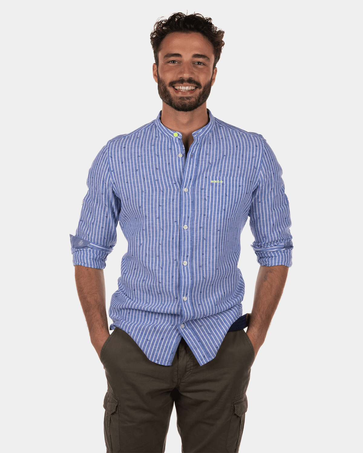 Camisa Rotonuiaha de lino a rayas sin cuello - Chinese Blue
