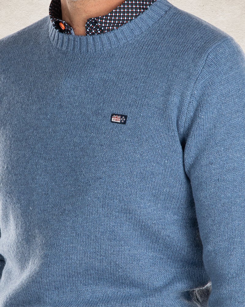 Crew neck plain knitted pullover  - Cloudy Blue