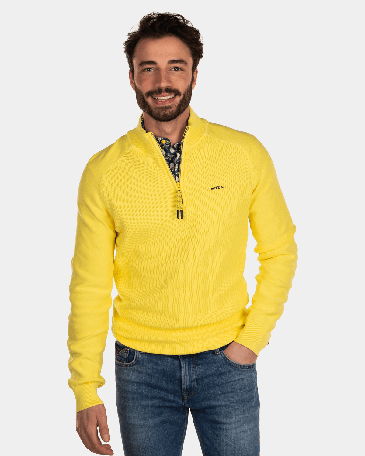 Einfarbiger Pullover mit halbem Reißverschluss aus Baumwolle - Country Yellow