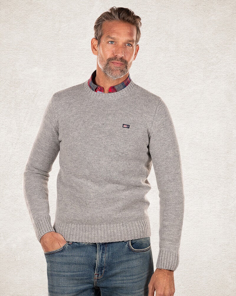 Jersey liso con cuello redondo en lana - Grey Melange