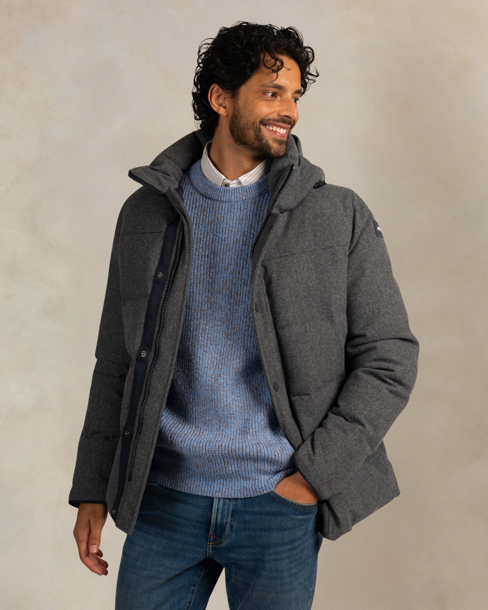 Grey wool coat with detachable hood Grey wool coat with detachable hood