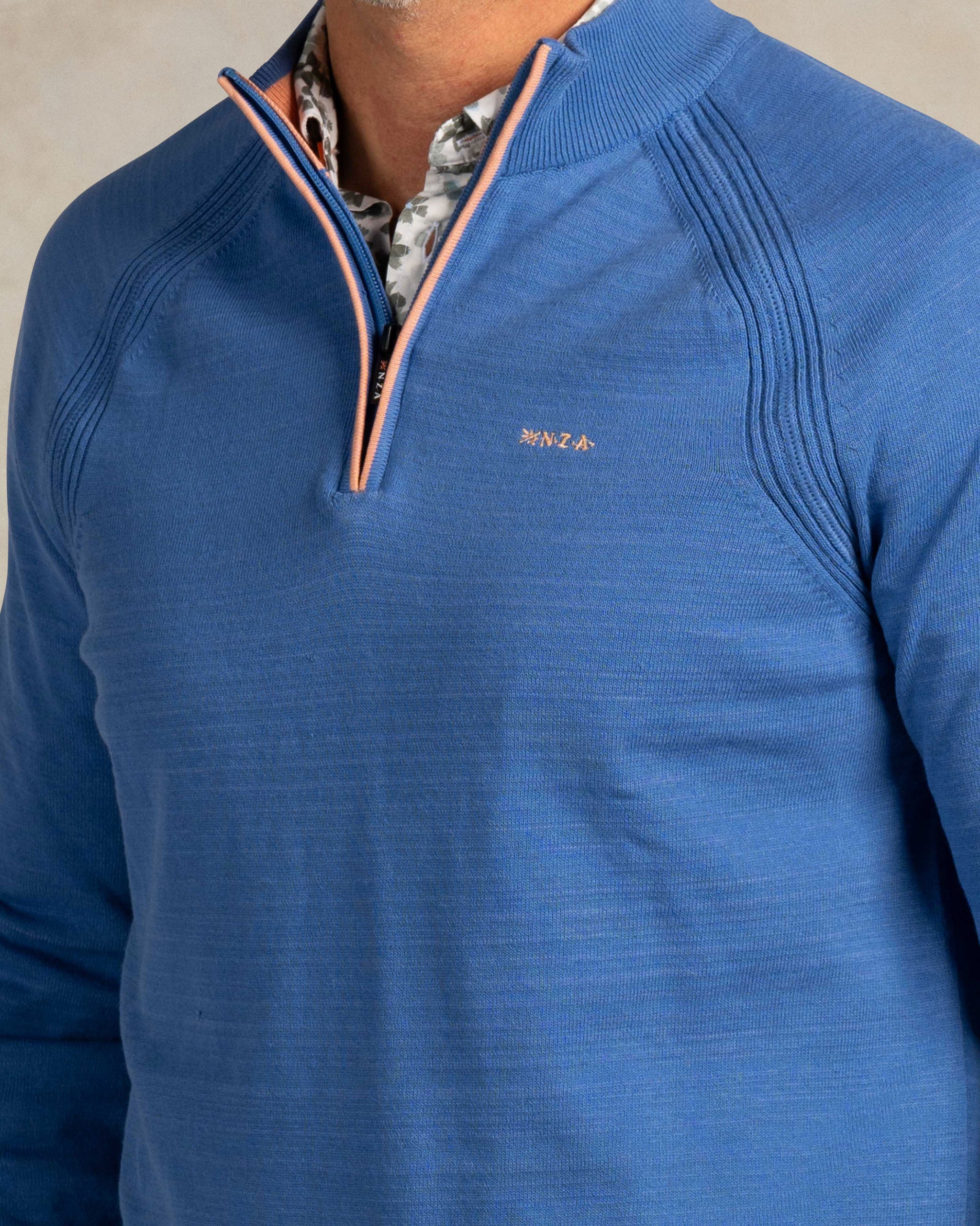 Blauwe katoenen quarter zip trui Blauwe katoenen quarter zip trui