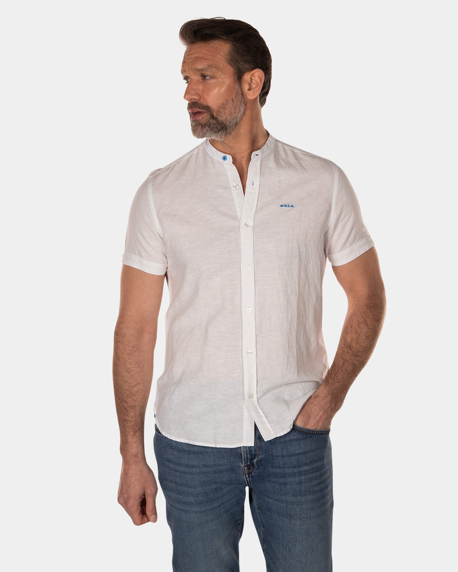 Effen kraagloos overhemd met korte mouwen - Off White Effen kraagloos overhemd met korte mouwen - Off White