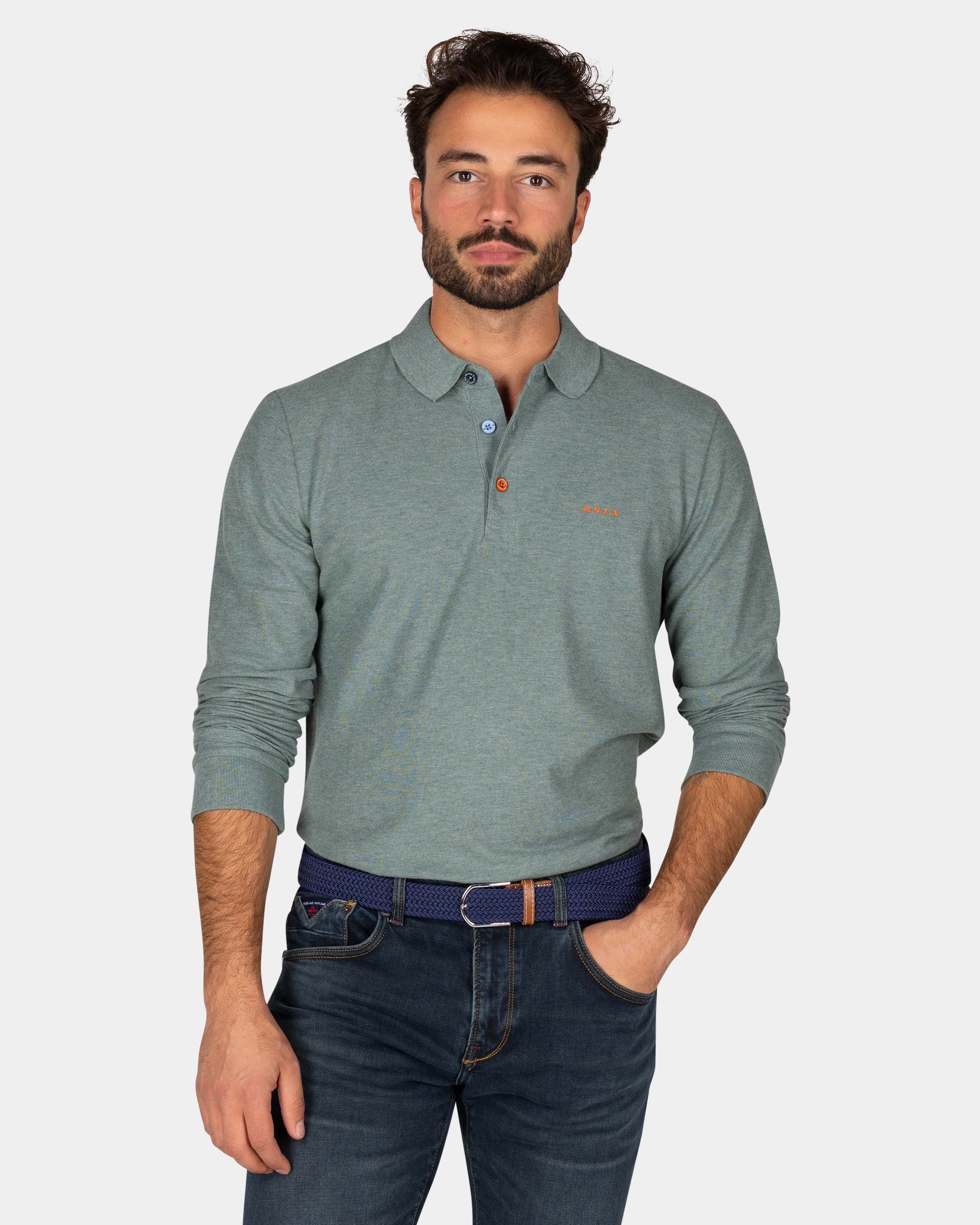 Polo vert en coton à manches longues - Pebble Green Polo vert en coton à manches longues - Pebble Green