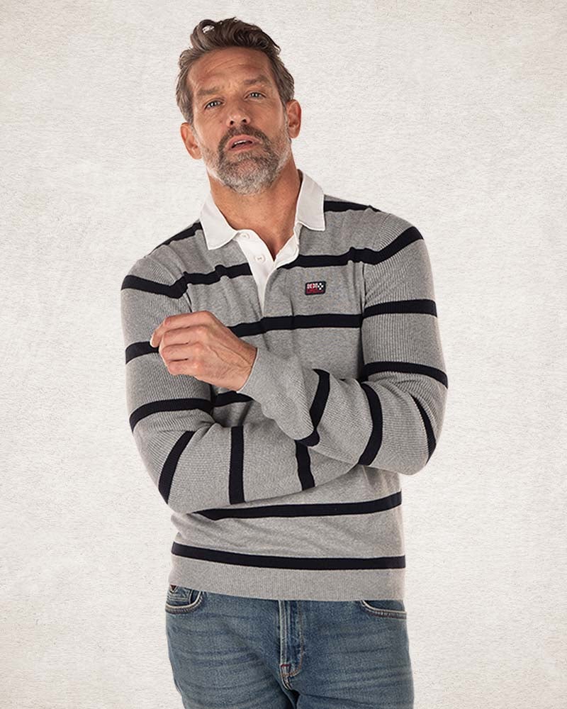 Knitted striped rugby shirt - Grey Melange