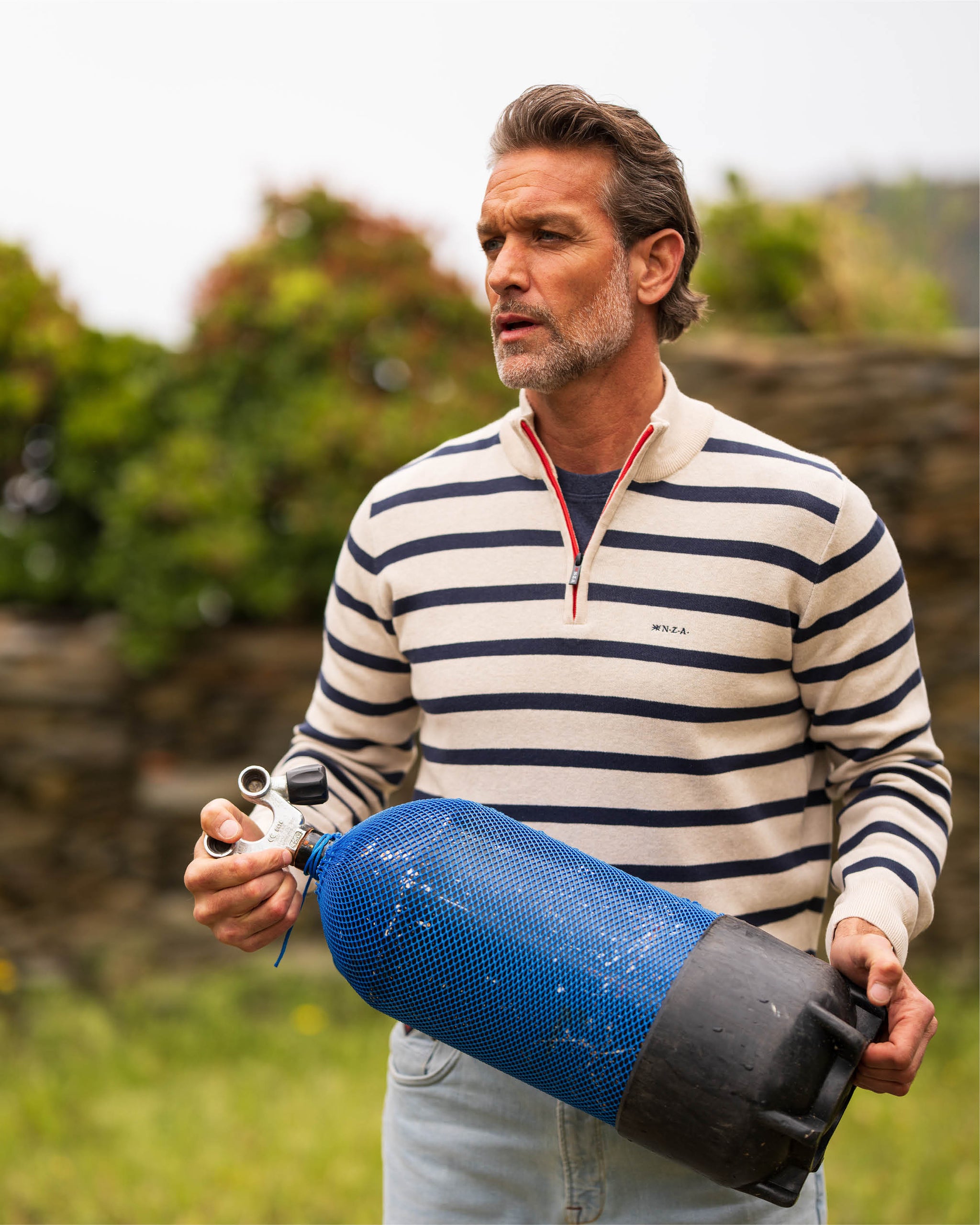 Ecru striped cotton quarter zip pullover Ecru striped cotton quarter zip pullover