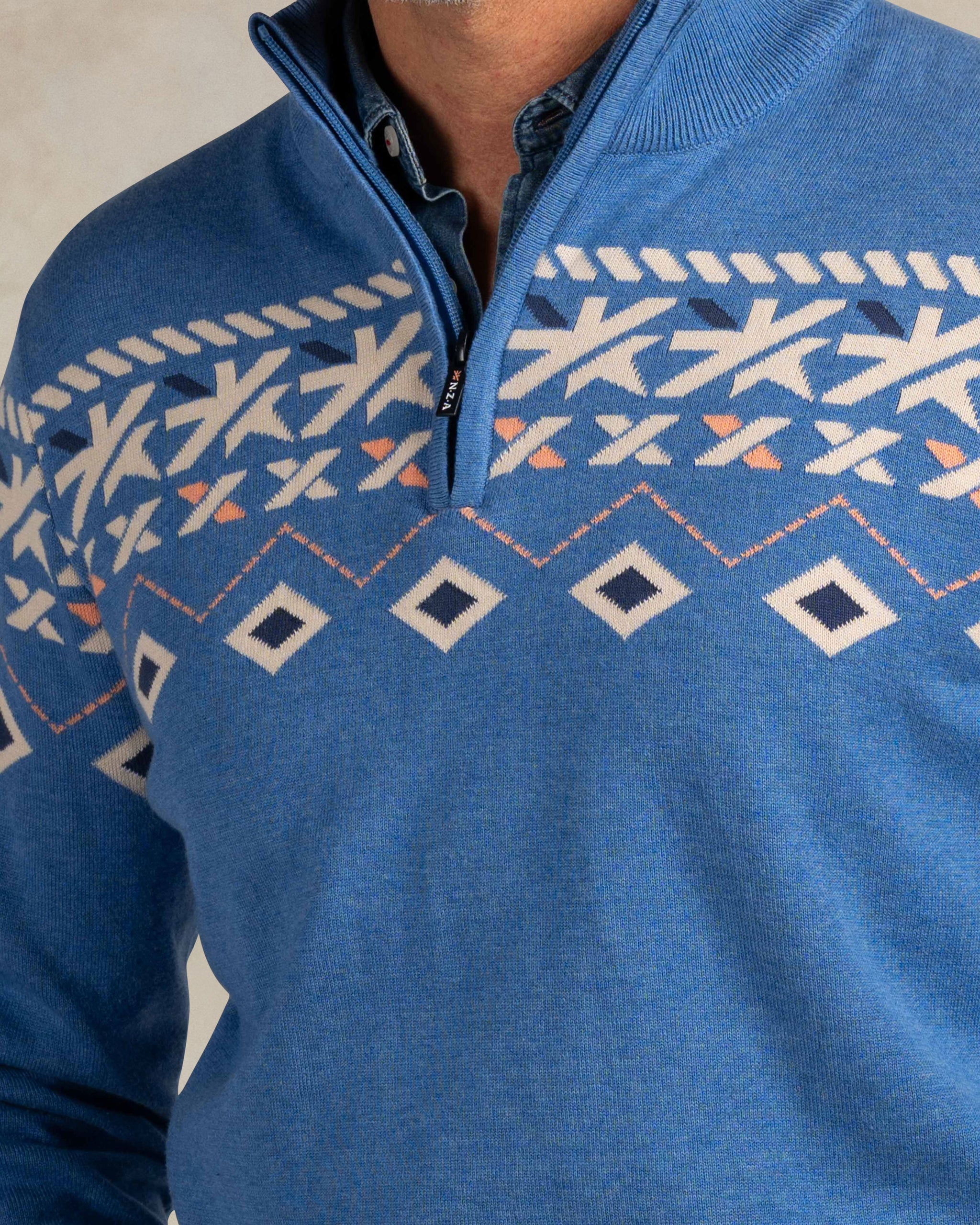 Blauwe katoenen quarter zip trui Blauwe katoenen quarter zip trui